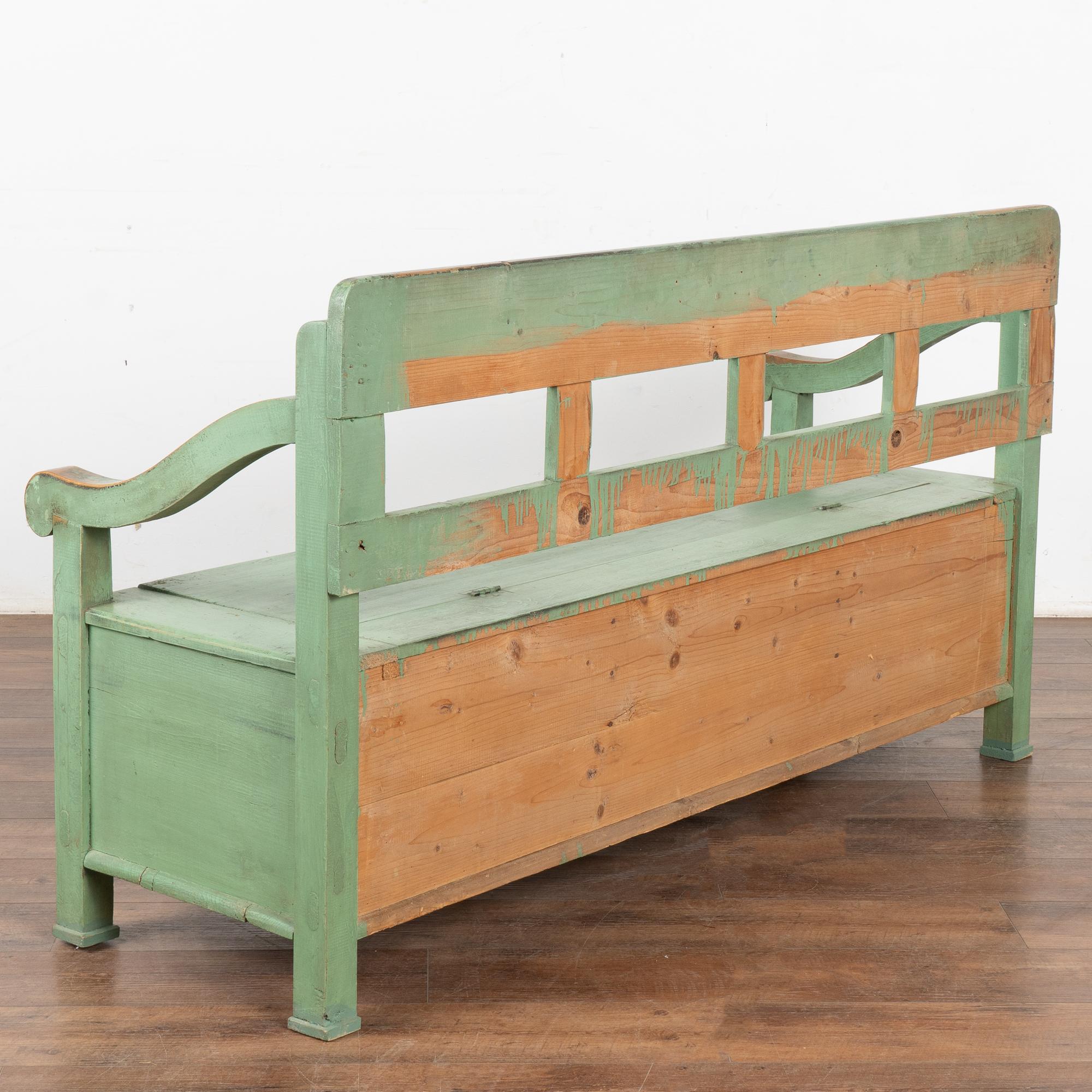 Green Painted Pine Bench with Storage, Hungary circa 1900's 5
