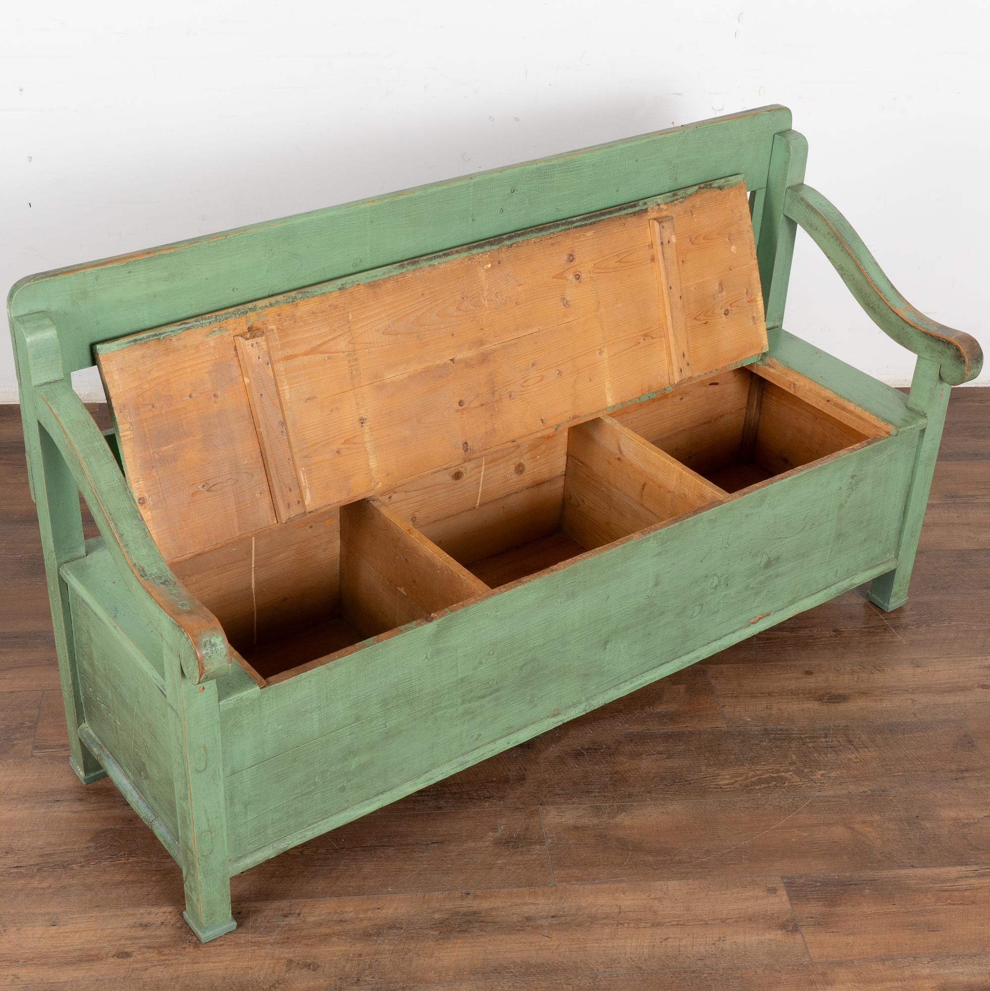 Country Green Painted Pine Bench with Storage, Hungary circa 1900's