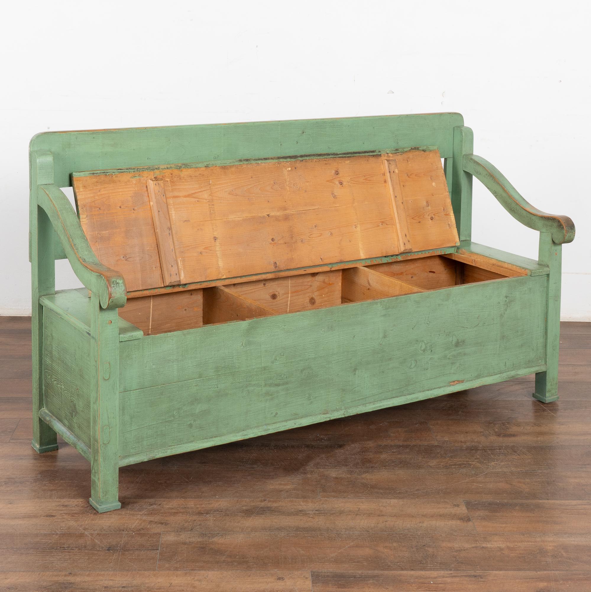 Hungarian Green Painted Pine Bench with Storage, Hungary circa 1900's