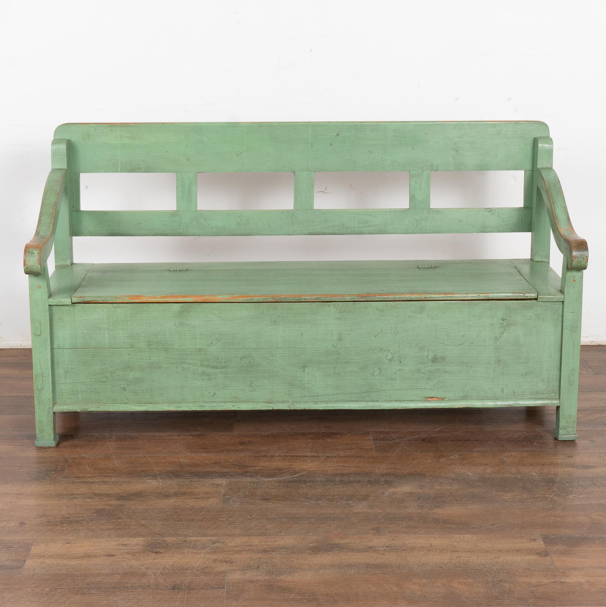Green Painted Pine Bench with Storage, Hungary circa 1900's In Good Condition In Round Top, TX