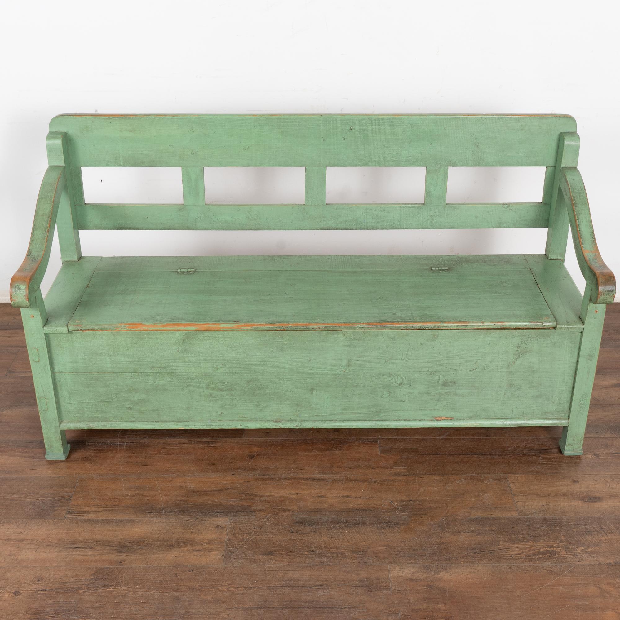 20th Century Green Painted Pine Bench with Storage, Hungary circa 1900's