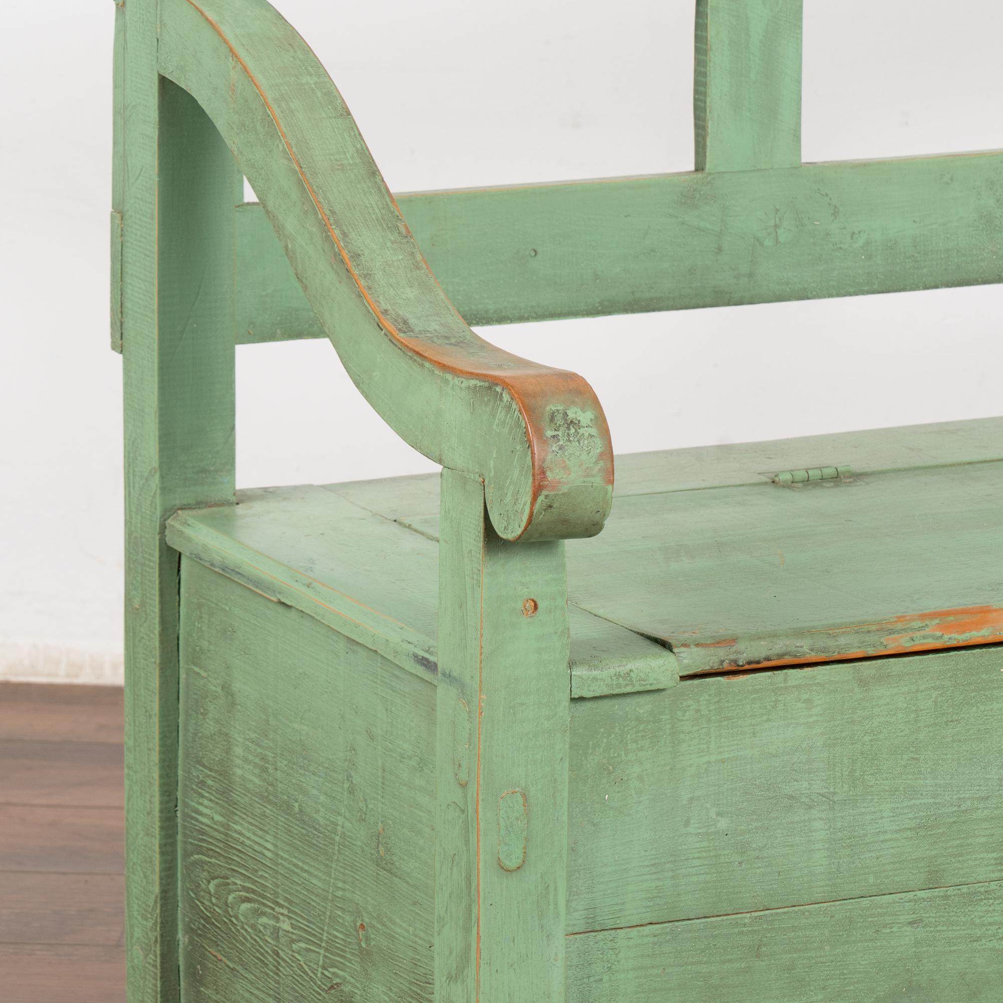 Green Painted Pine Bench with Storage, Hungary circa 1900's 1