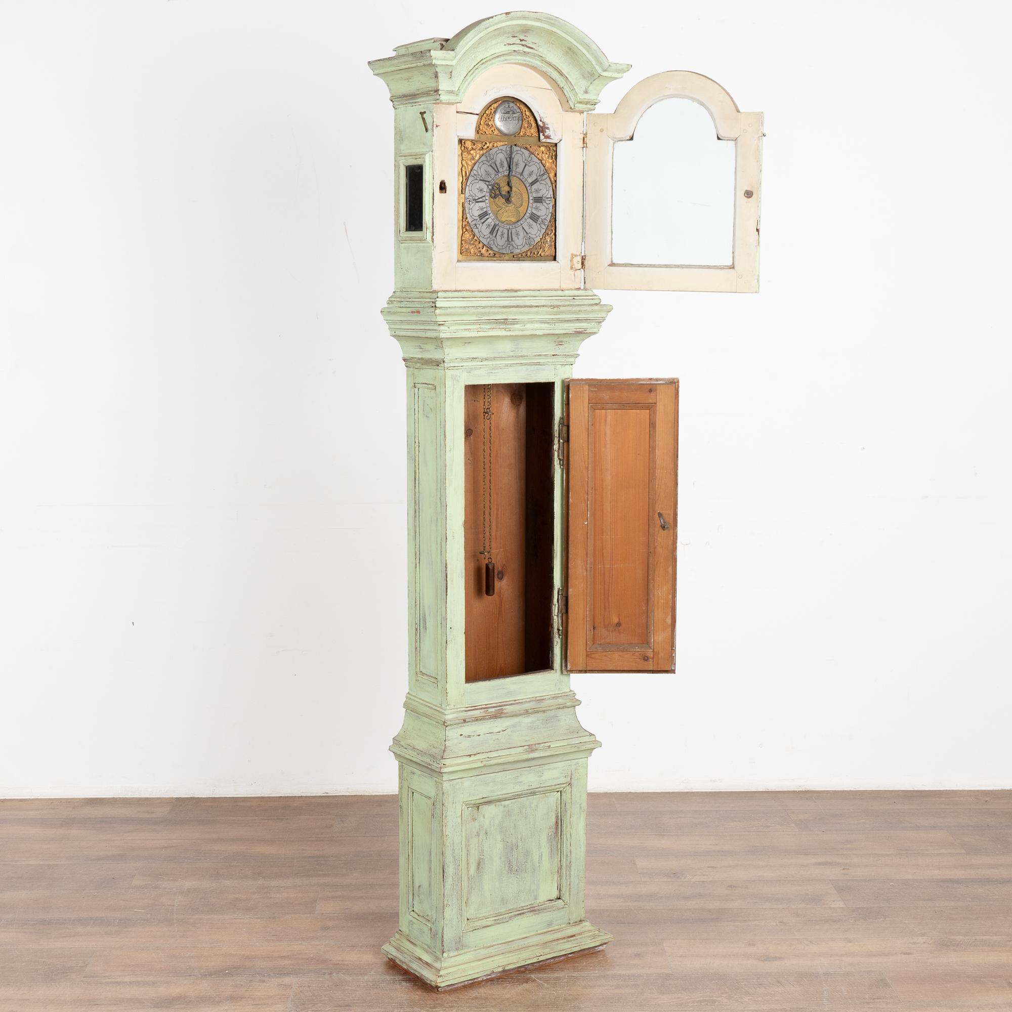 Gustavian Green Painted Pine Grandfather Clock, Denmark circa 1840-60 For Sale