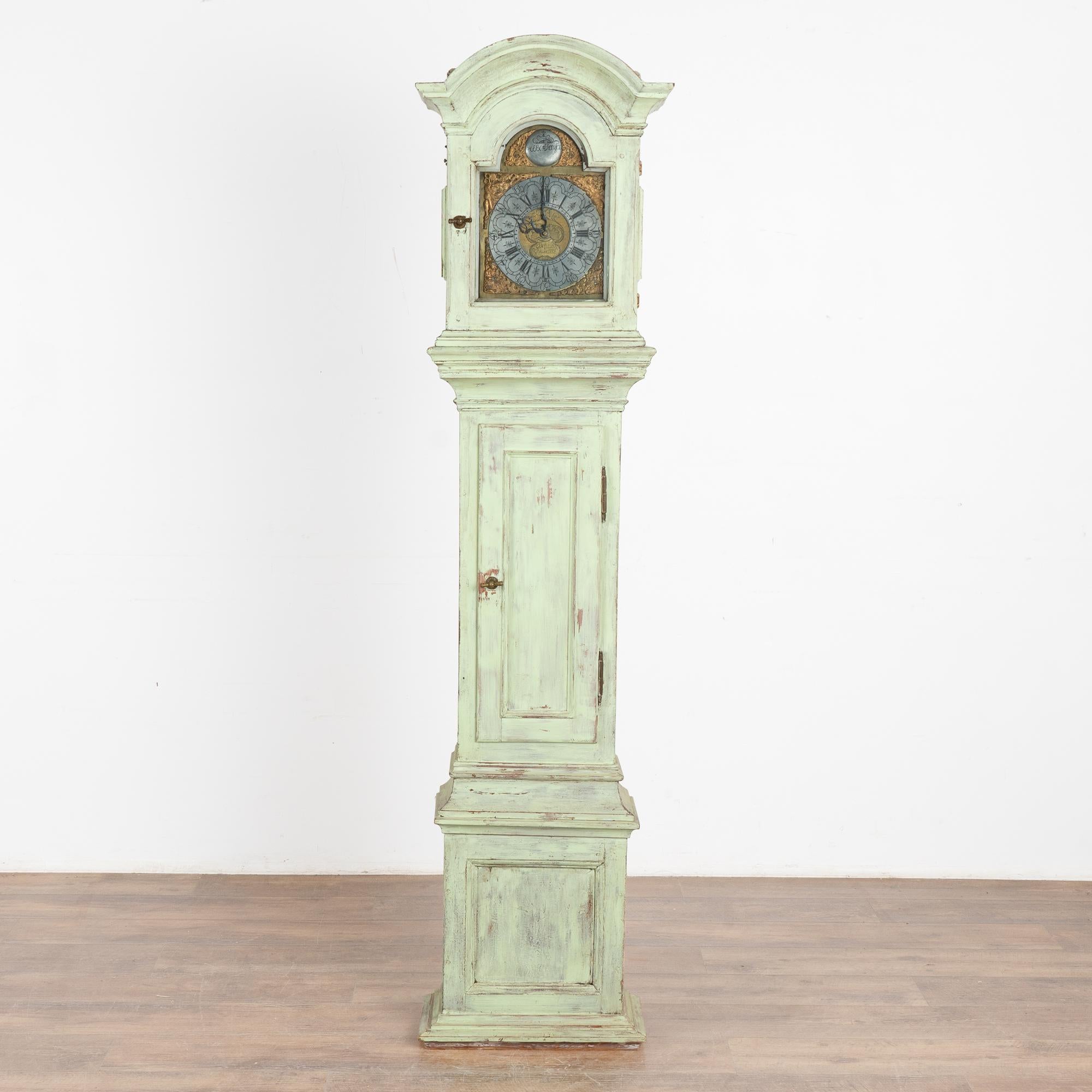 Danish Green Painted Pine Grandfather Clock, Denmark circa 1840-60 For Sale