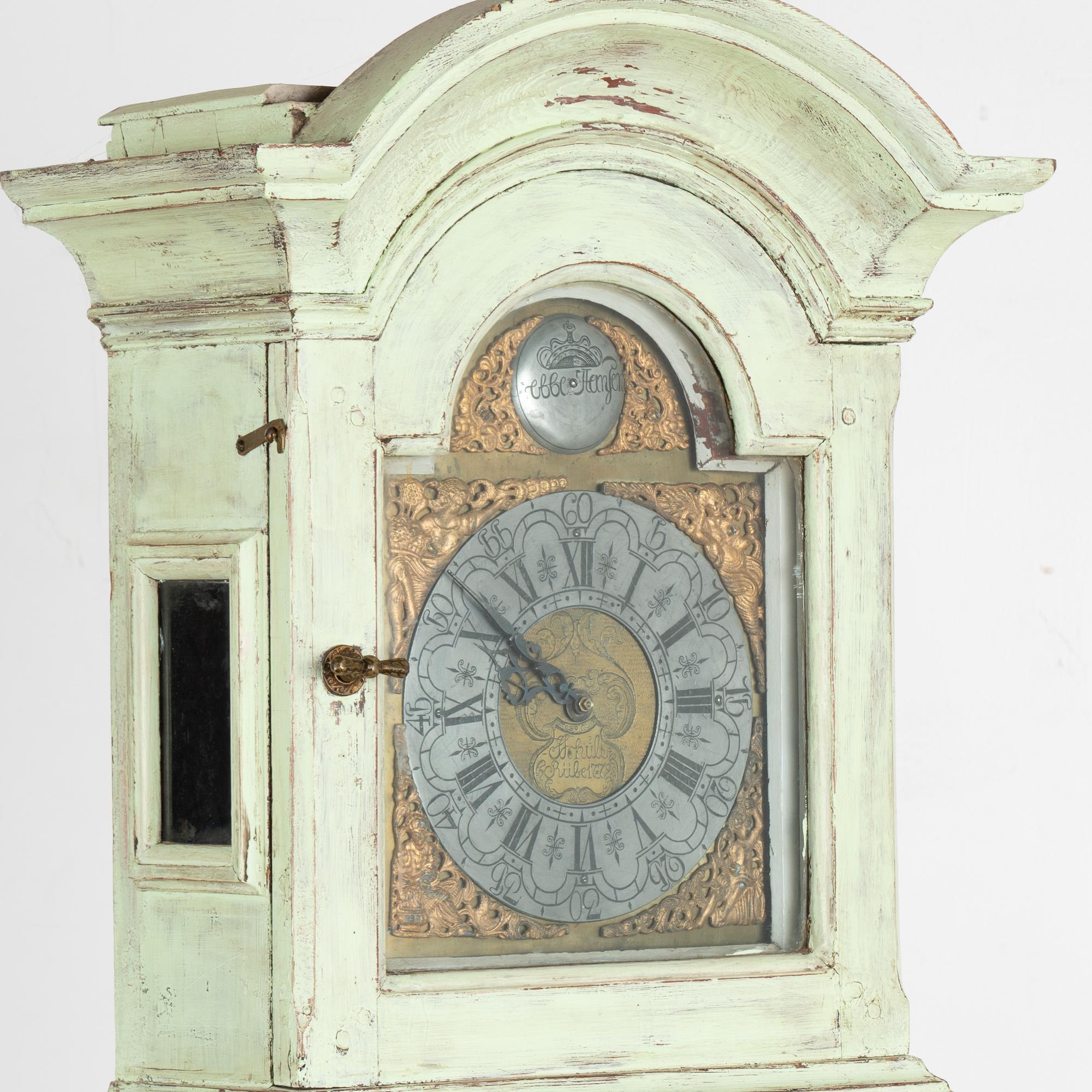 19th Century Green Painted Pine Grandfather Clock, Denmark circa 1840-60 For Sale
