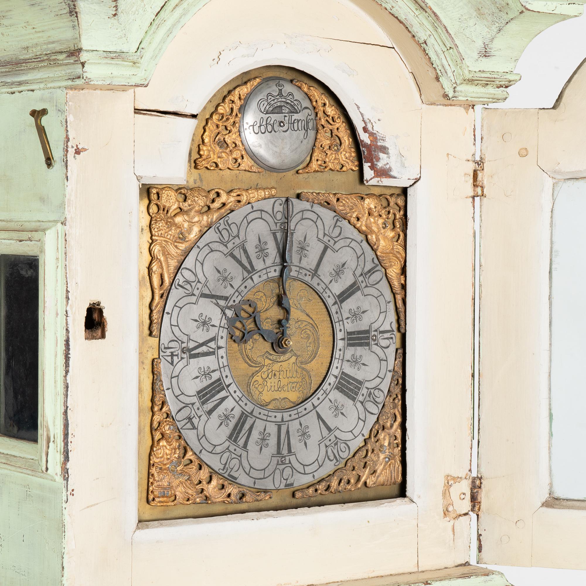 Green Painted Pine Grandfather Clock, Denmark circa 1840-60 For Sale 1