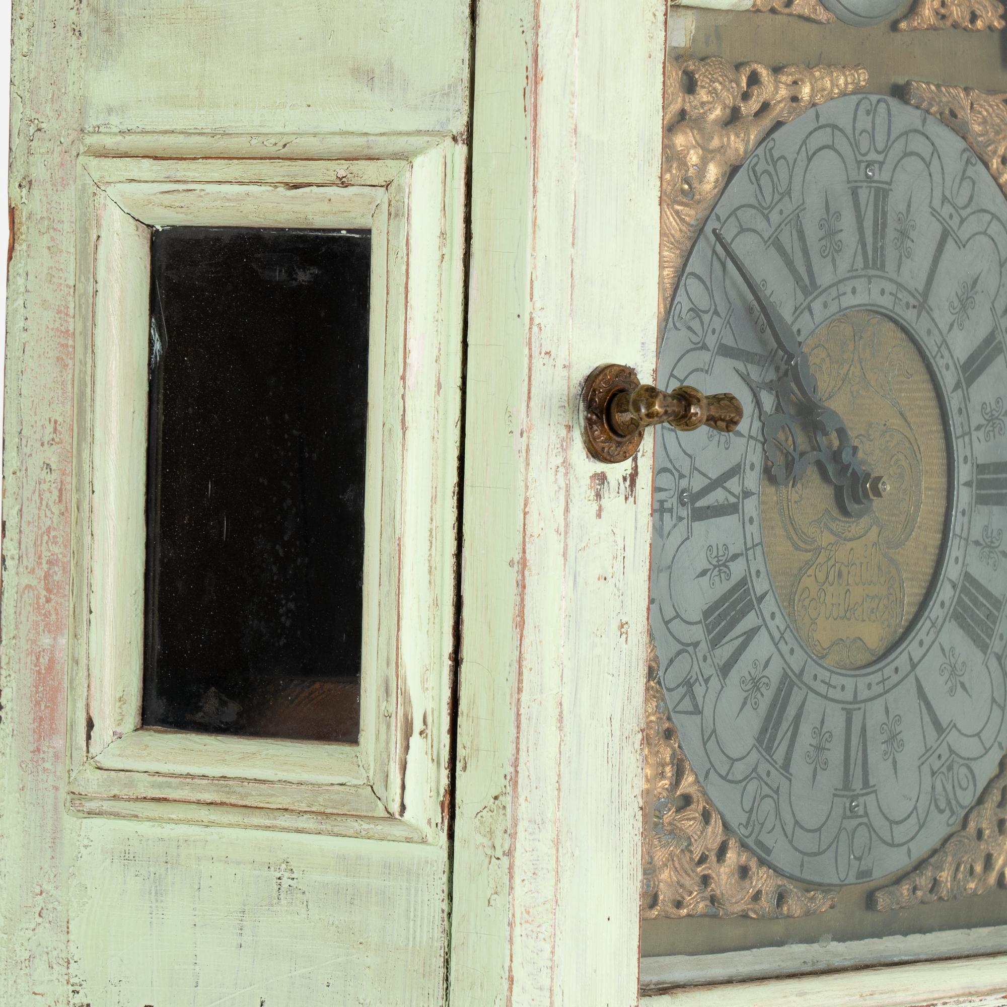 Green Painted Pine Grandfather Clock, Denmark circa 1840-60 For Sale 2