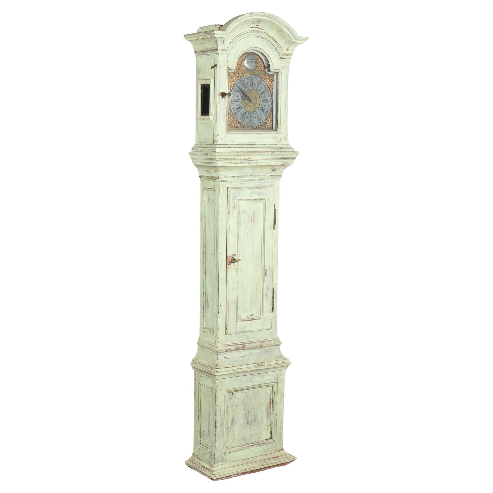 Green Painted Pine Grandfather Clock, Denmark circa 1840-60
