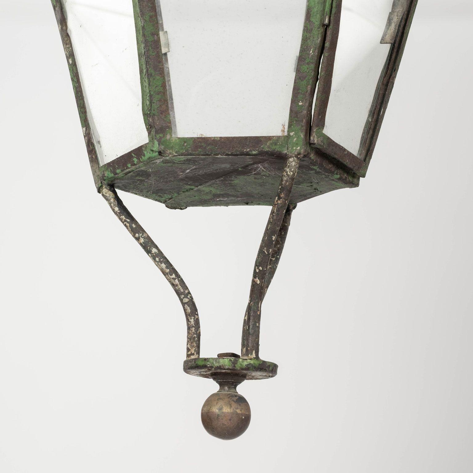 Green Painted Six-Sided Glass Paneled Tole and Iron French Lantern 4