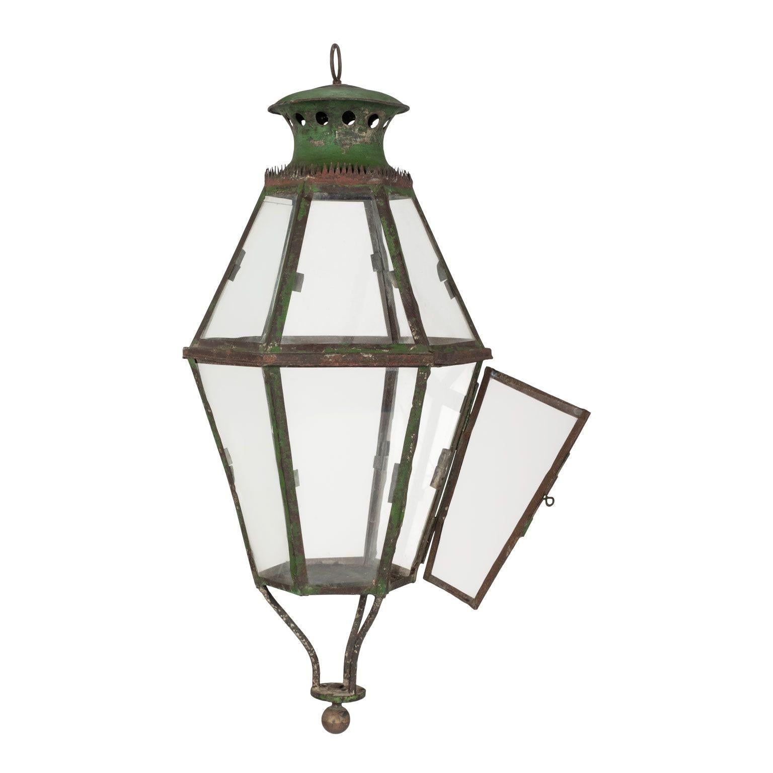 Green Painted Six-Sided Glass Paneled Tole and Iron French Lantern 5