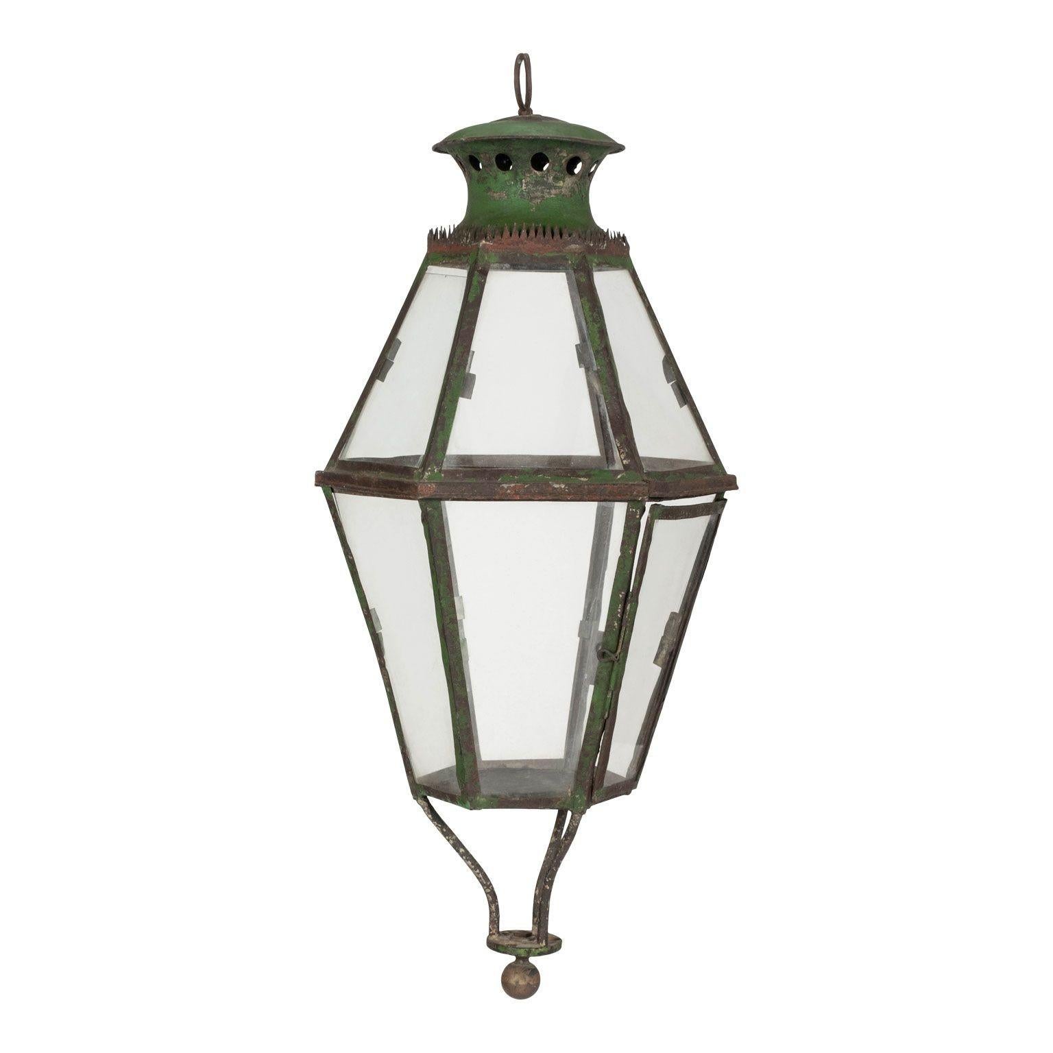 Green Painted Six-Sided Glass Paneled Tole and Iron French Lantern 6