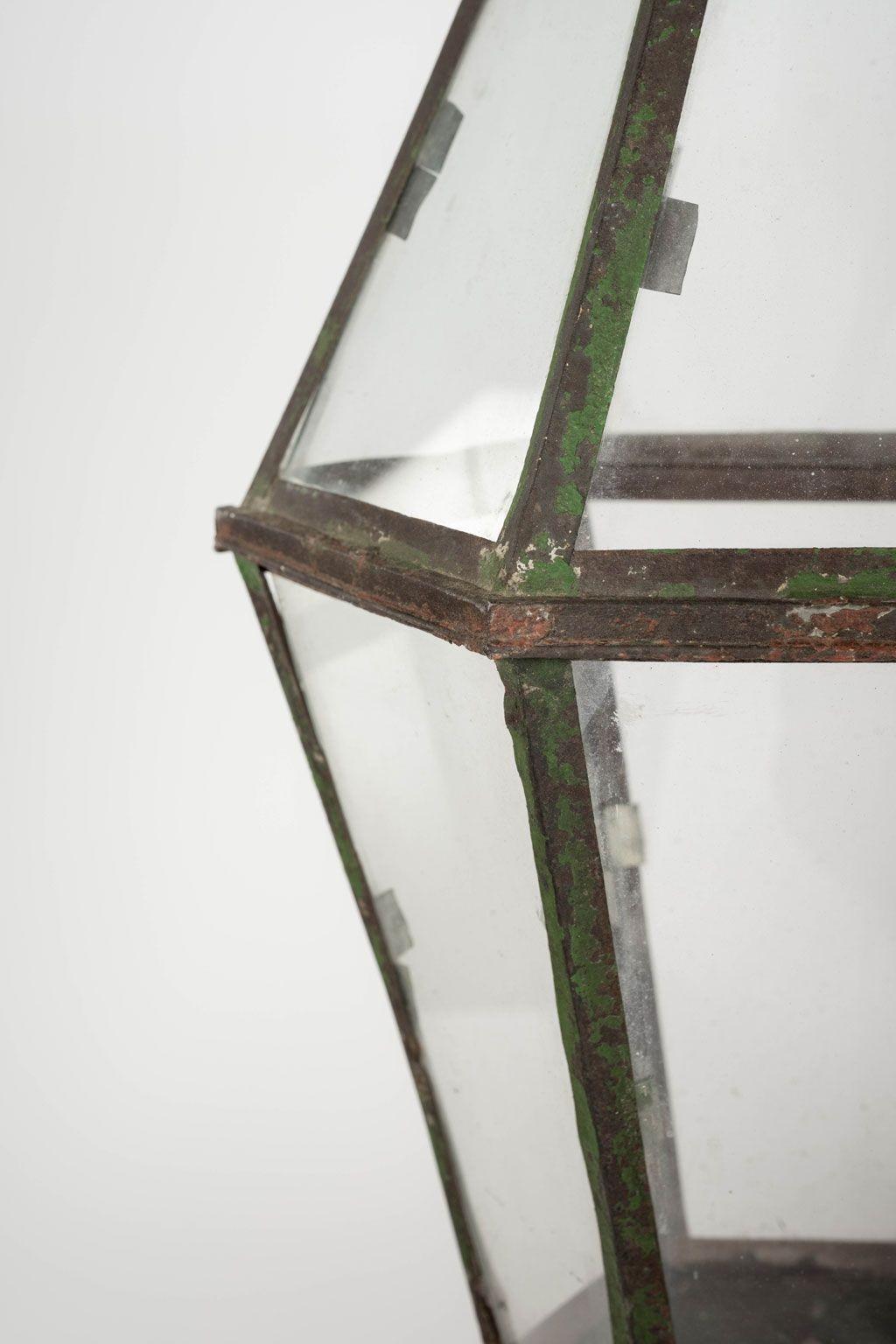 French Provincial Green Painted Six-Sided Glass Paneled Tole and Iron French Lantern