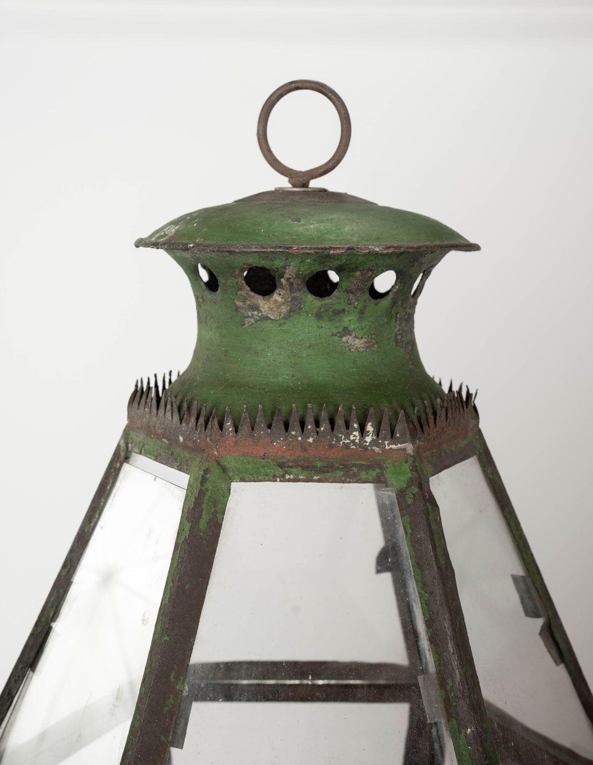 Forged Green Painted Six-Sided Glass Paneled Tole and Iron French Lantern