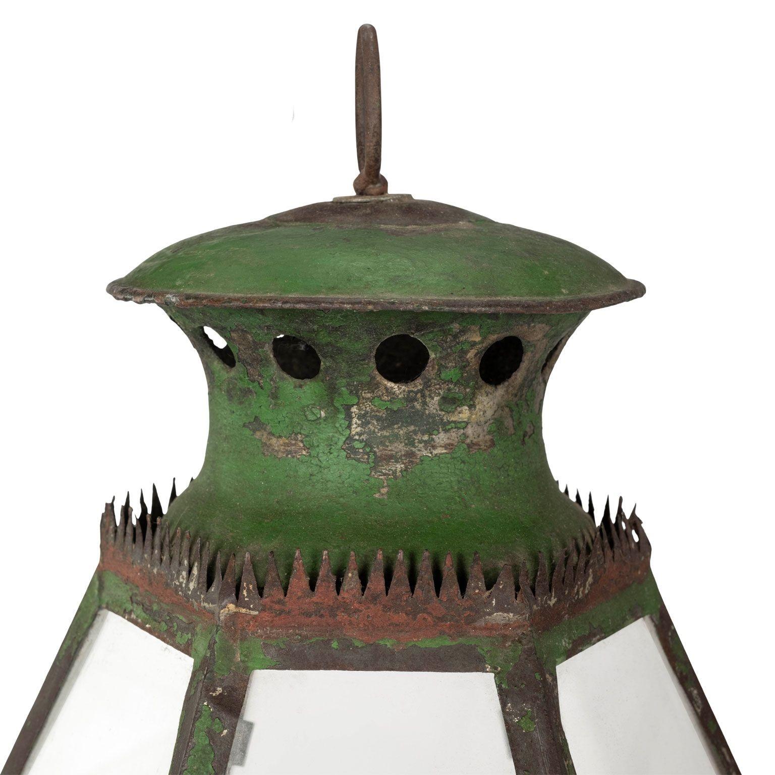 Green Painted Six-Sided Glass Paneled Tole and Iron French Lantern In Good Condition In Houston, TX