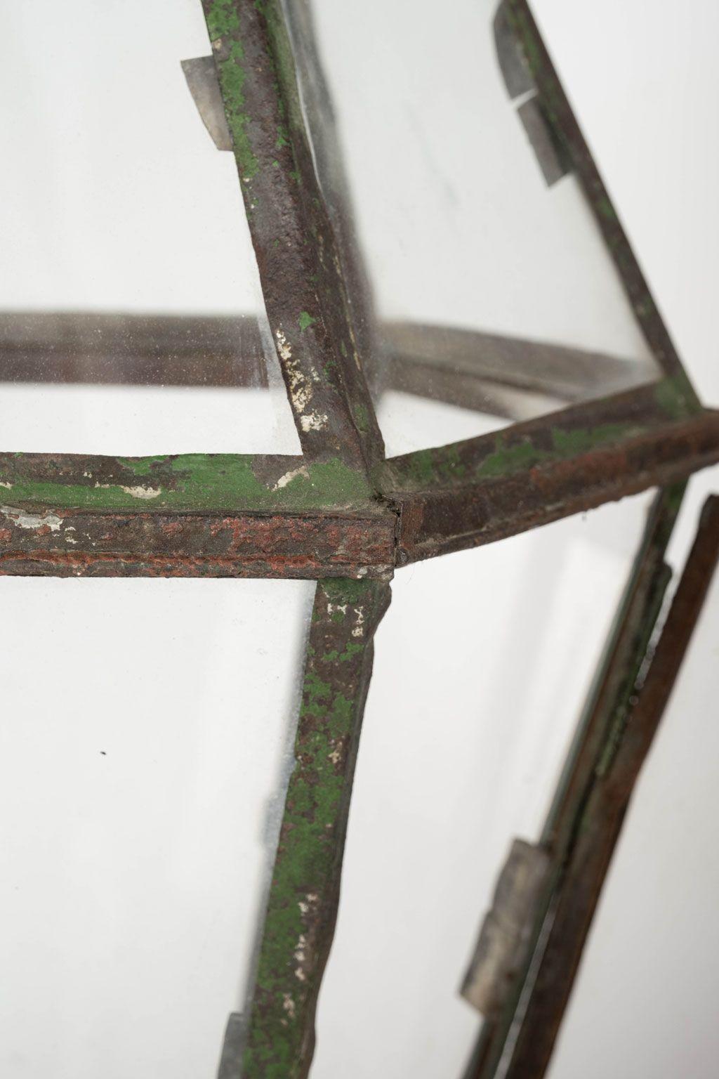 19th Century Green Painted Six-Sided Glass Paneled Tole and Iron French Lantern