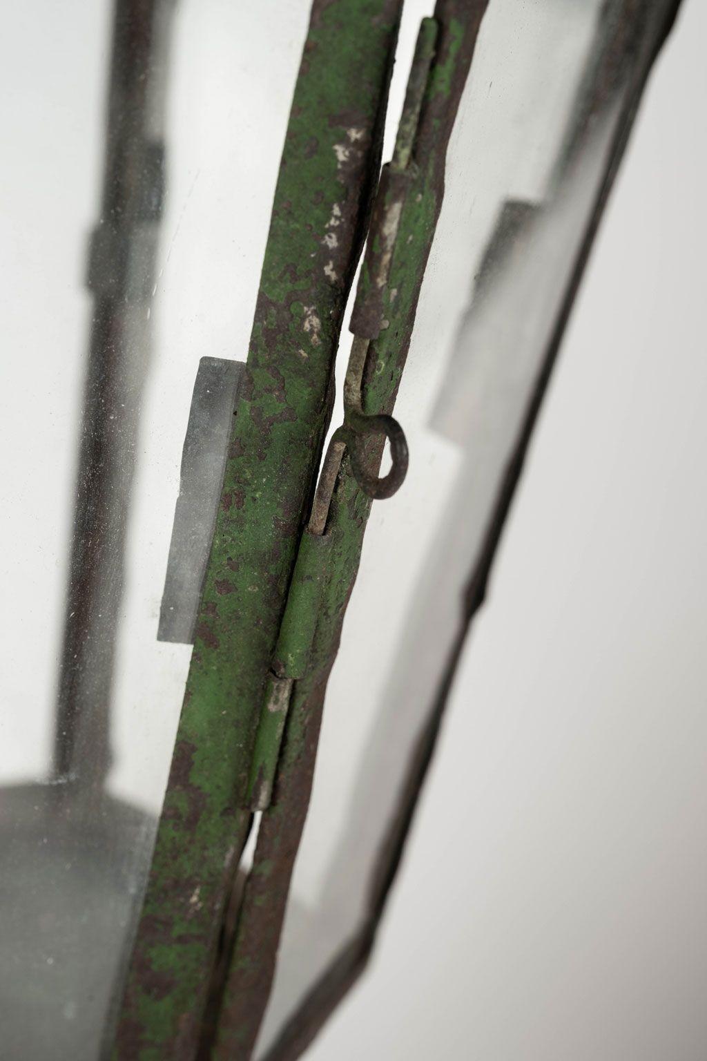 Green Painted Six-Sided Glass Paneled Tole and Iron French Lantern 1