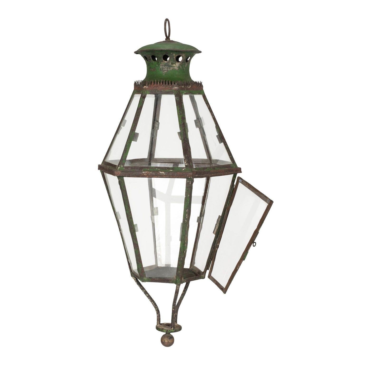 Green Painted Six-Sided Glass Paneled Tole and Iron French Lantern 3