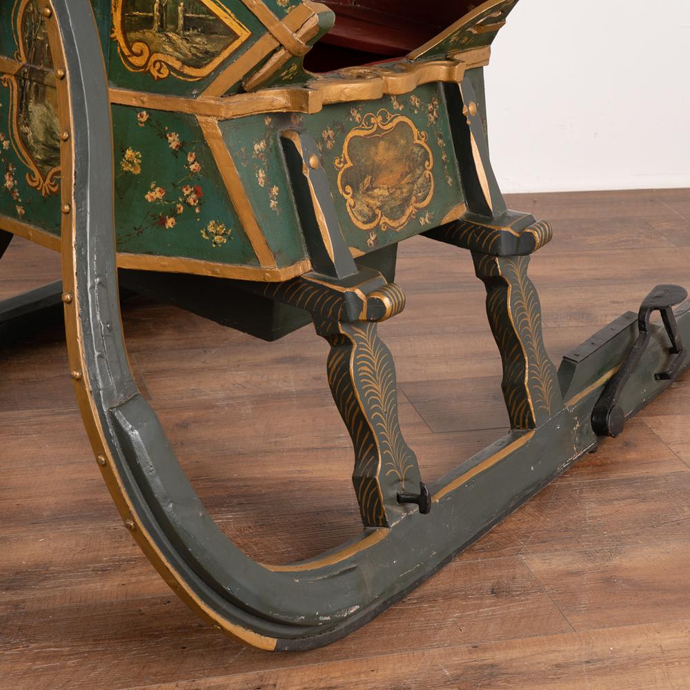 Green Painted Sleigh With Brass Bells, Sweden circa 1890 For Sale 1