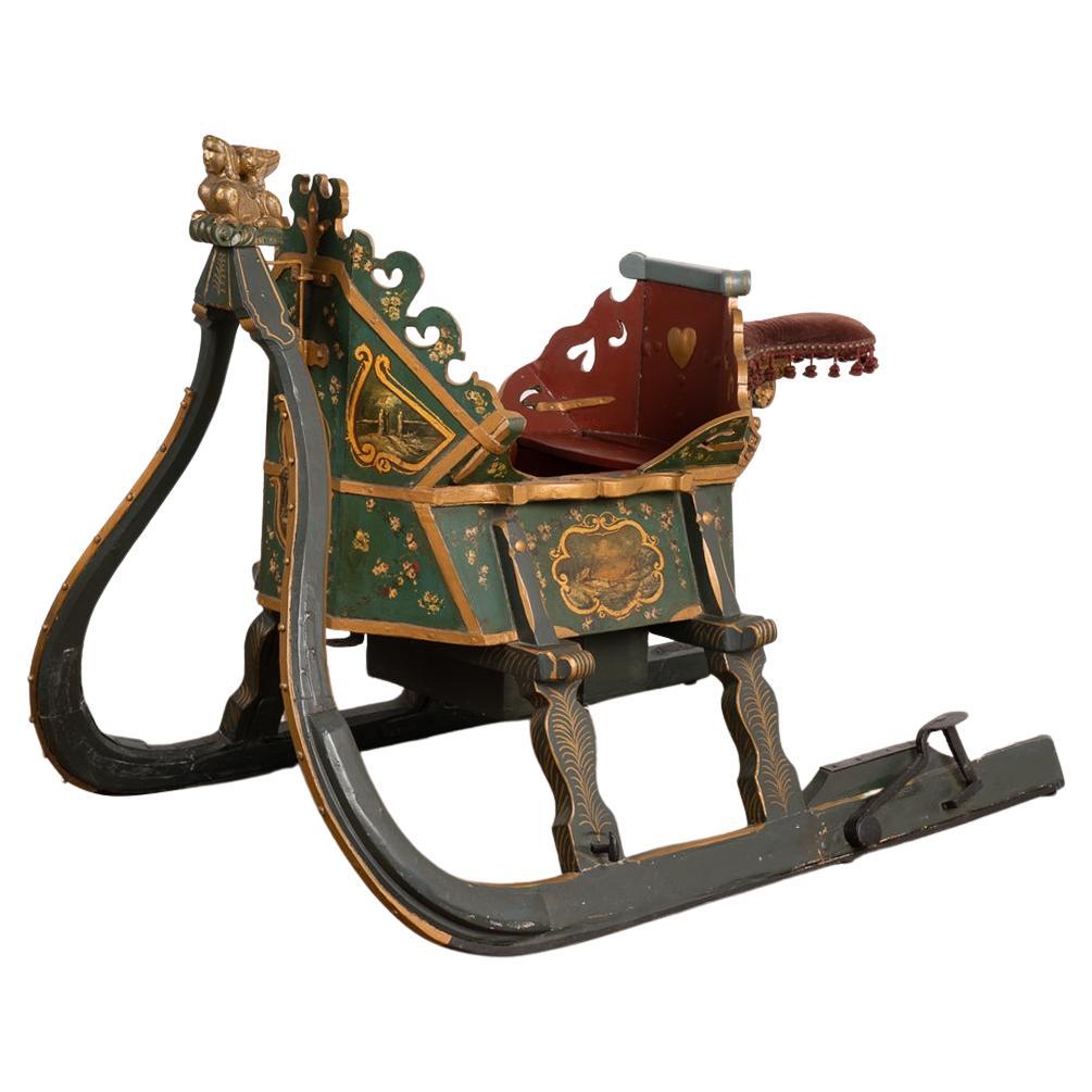 Green Painted Sleigh With Brass Bells, Sweden circa 1890 For Sale