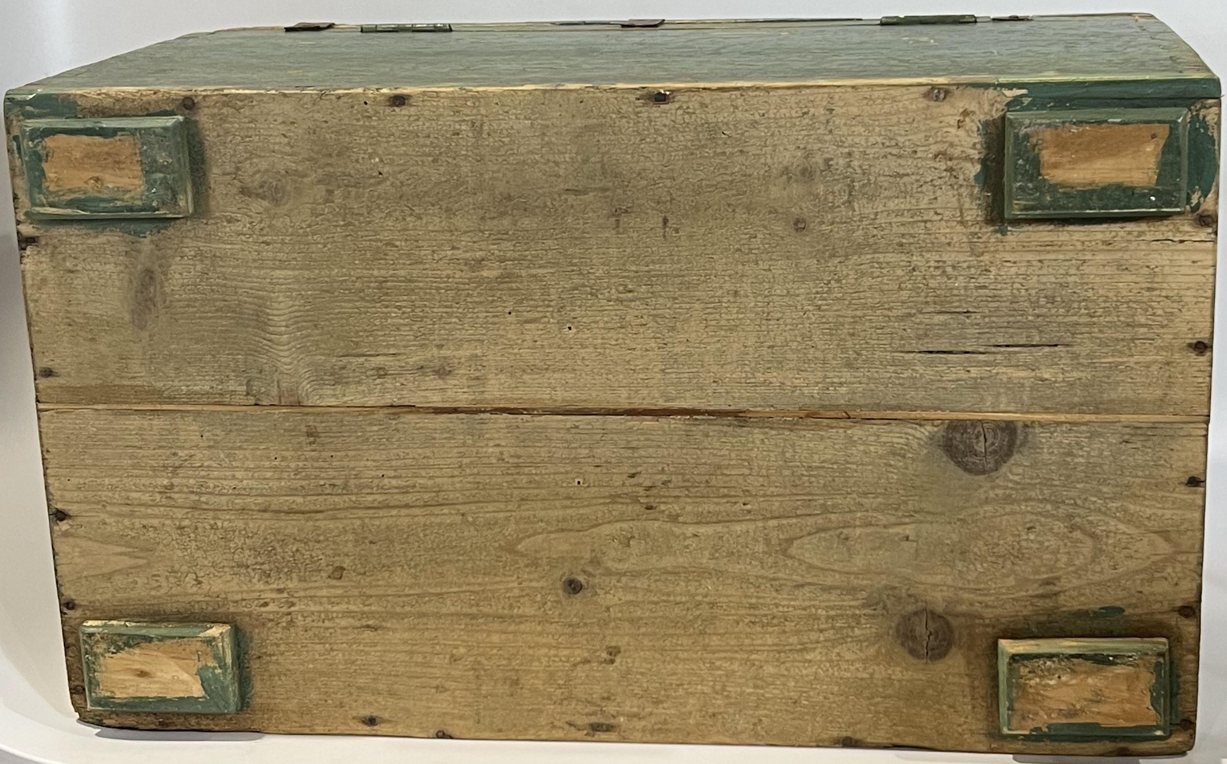 Green painted Southern Yellow Pine 19th century carriage strong box forged iron For Sale 3