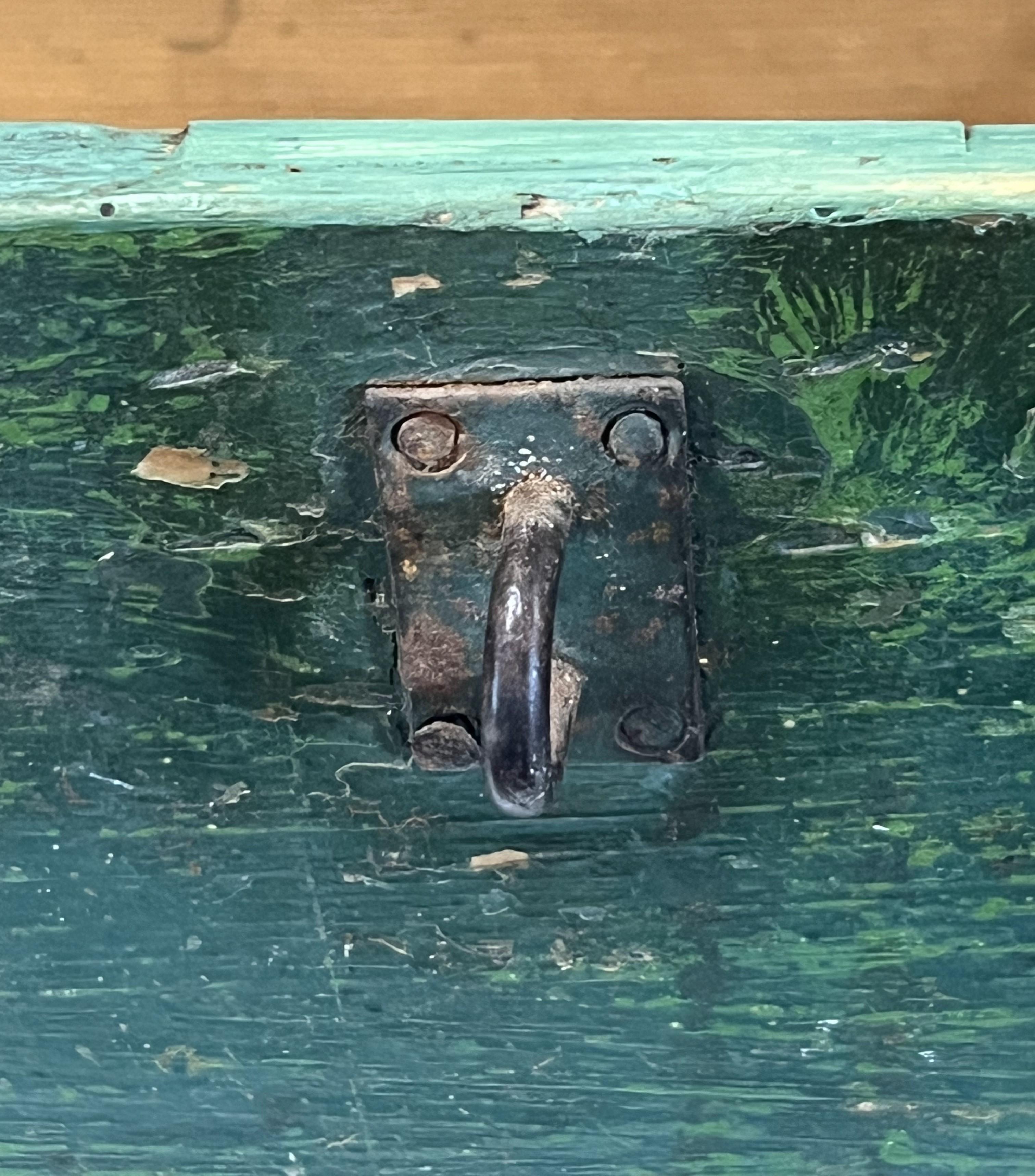 Green painted Southern Yellow Pine 19th century carriage strong box forged iron For Sale 1