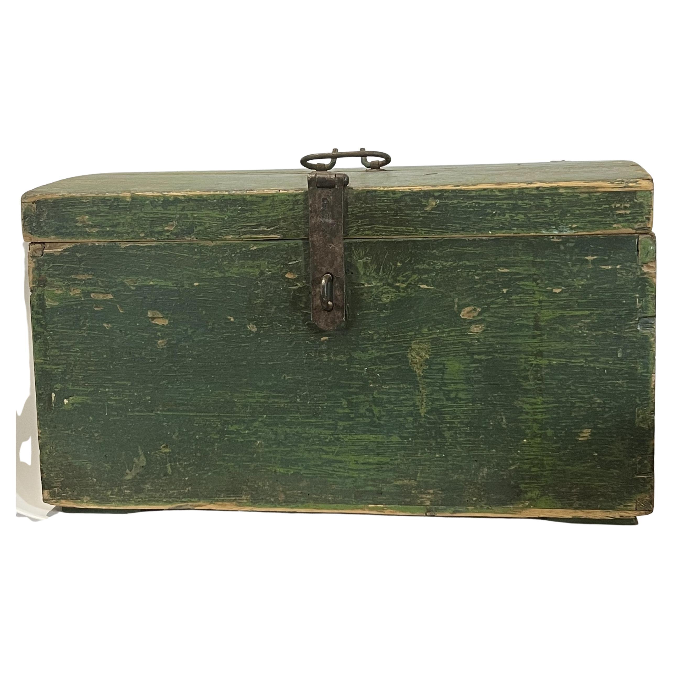 Green painted Southern Yellow Pine 19th century carriage strong box forged  iron For Sale at 1stDibs