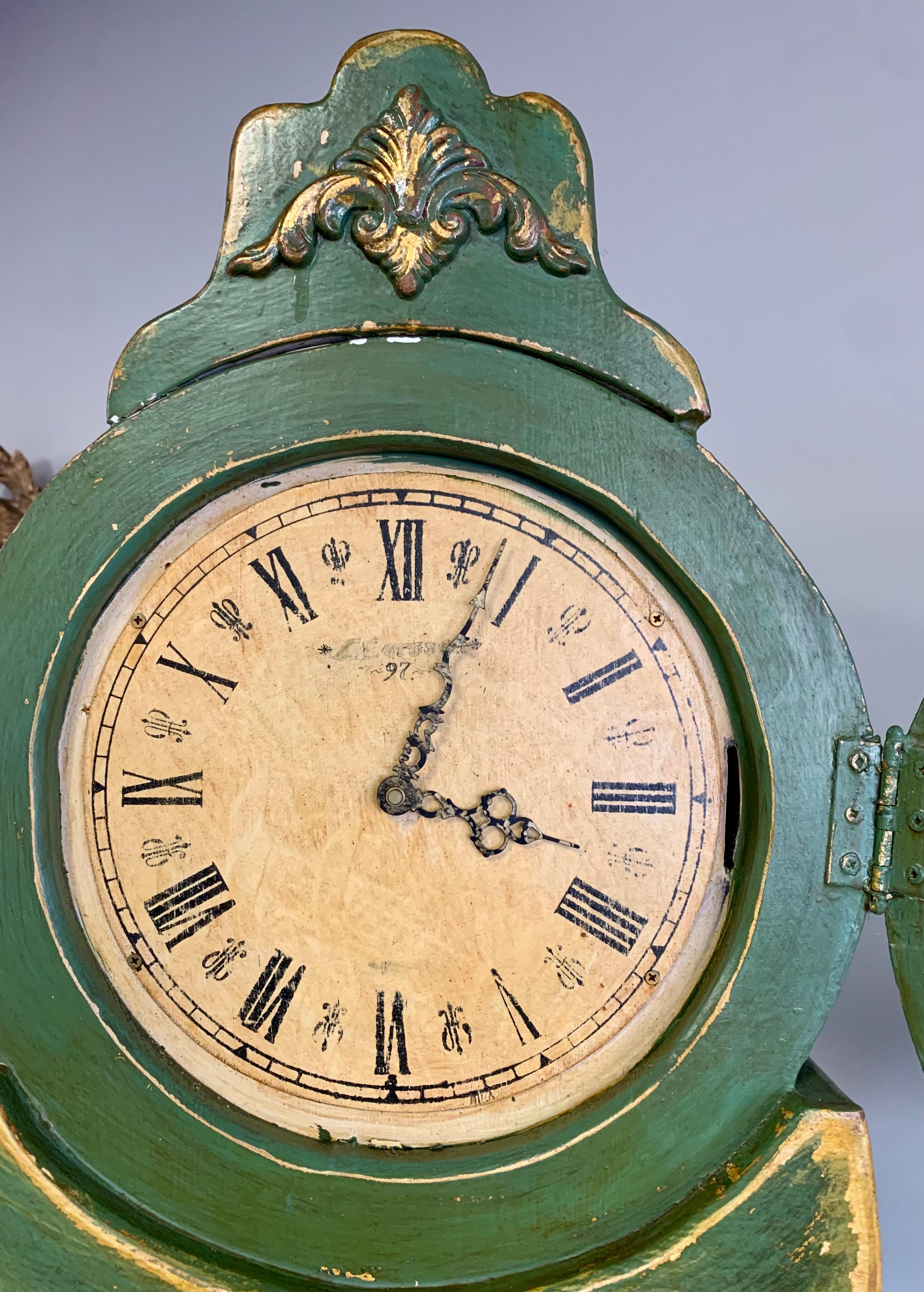 Brass Green Painted Swedish Mora Grandfather Clock