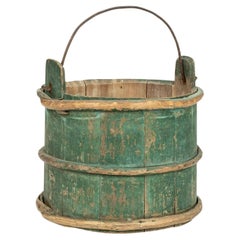Antique Green Painted Swedish Wooden Bucket