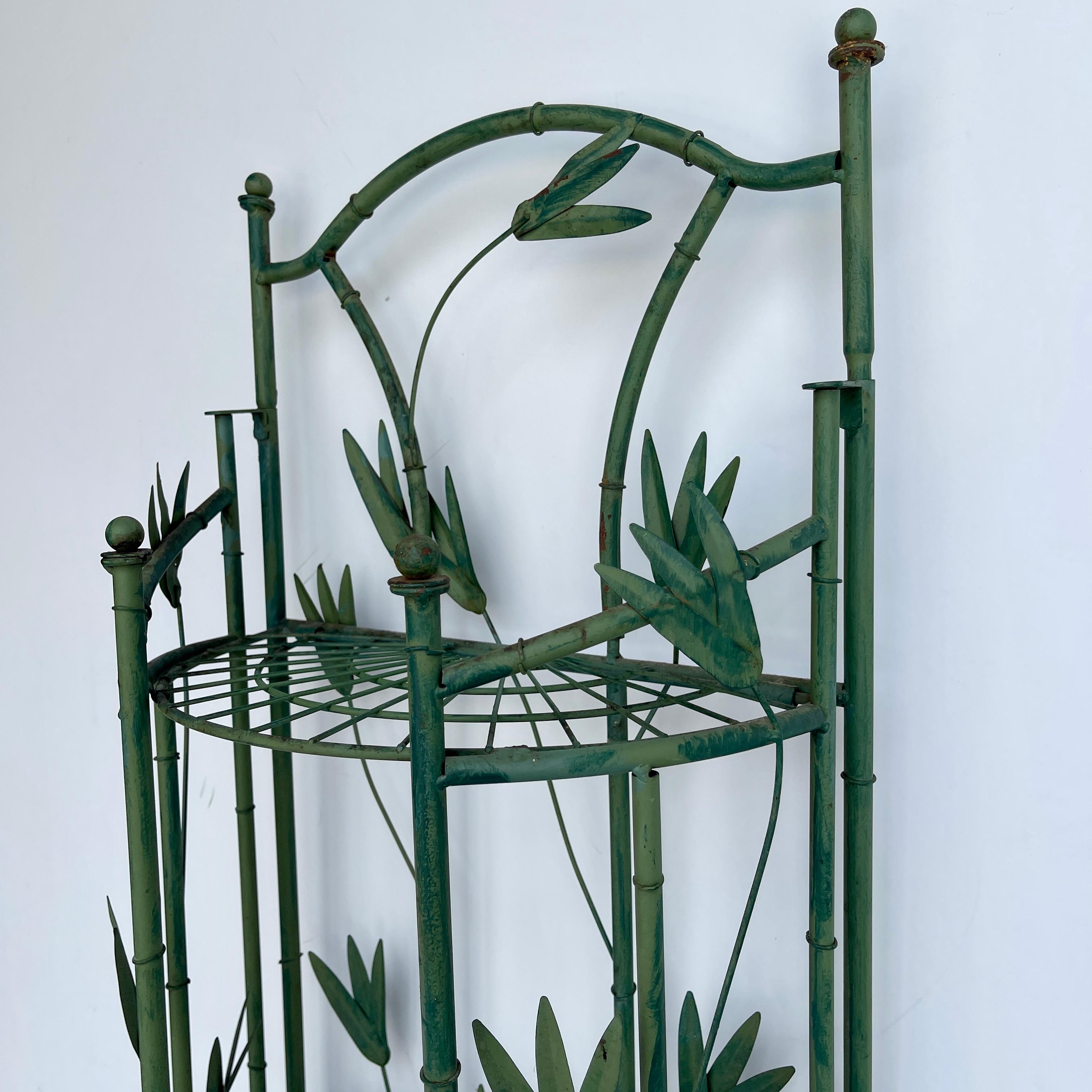 Green Painted Tole Faux Bamboo Demilune Three Tier Shelf For Sale 5