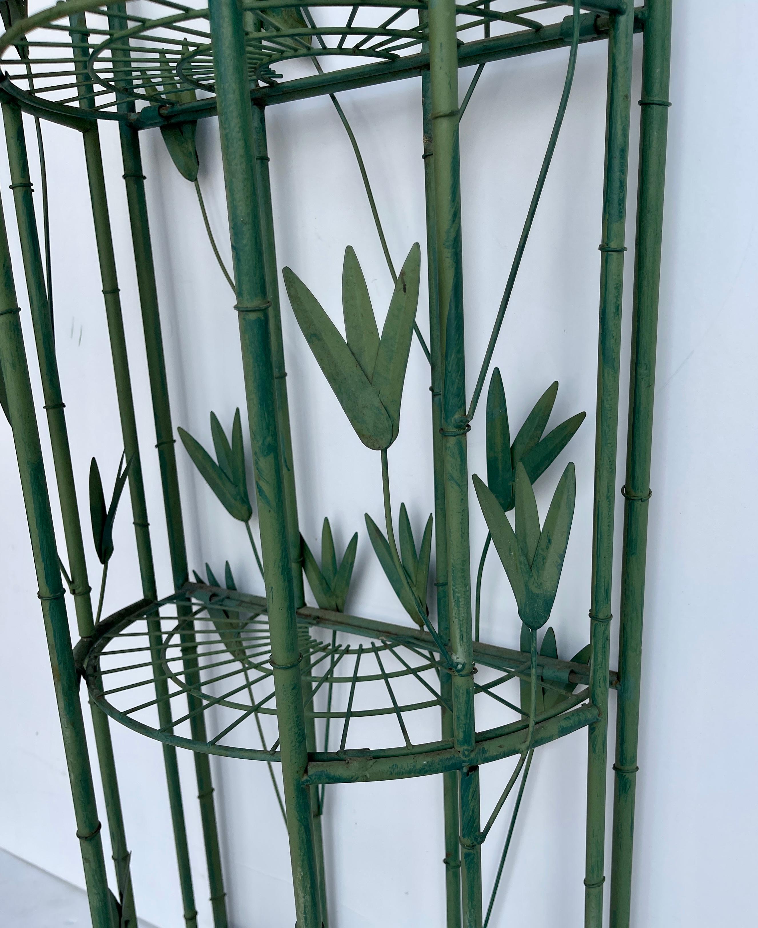 Green Painted Tole Faux Bamboo Demilune Three Tier Shelf For Sale 6