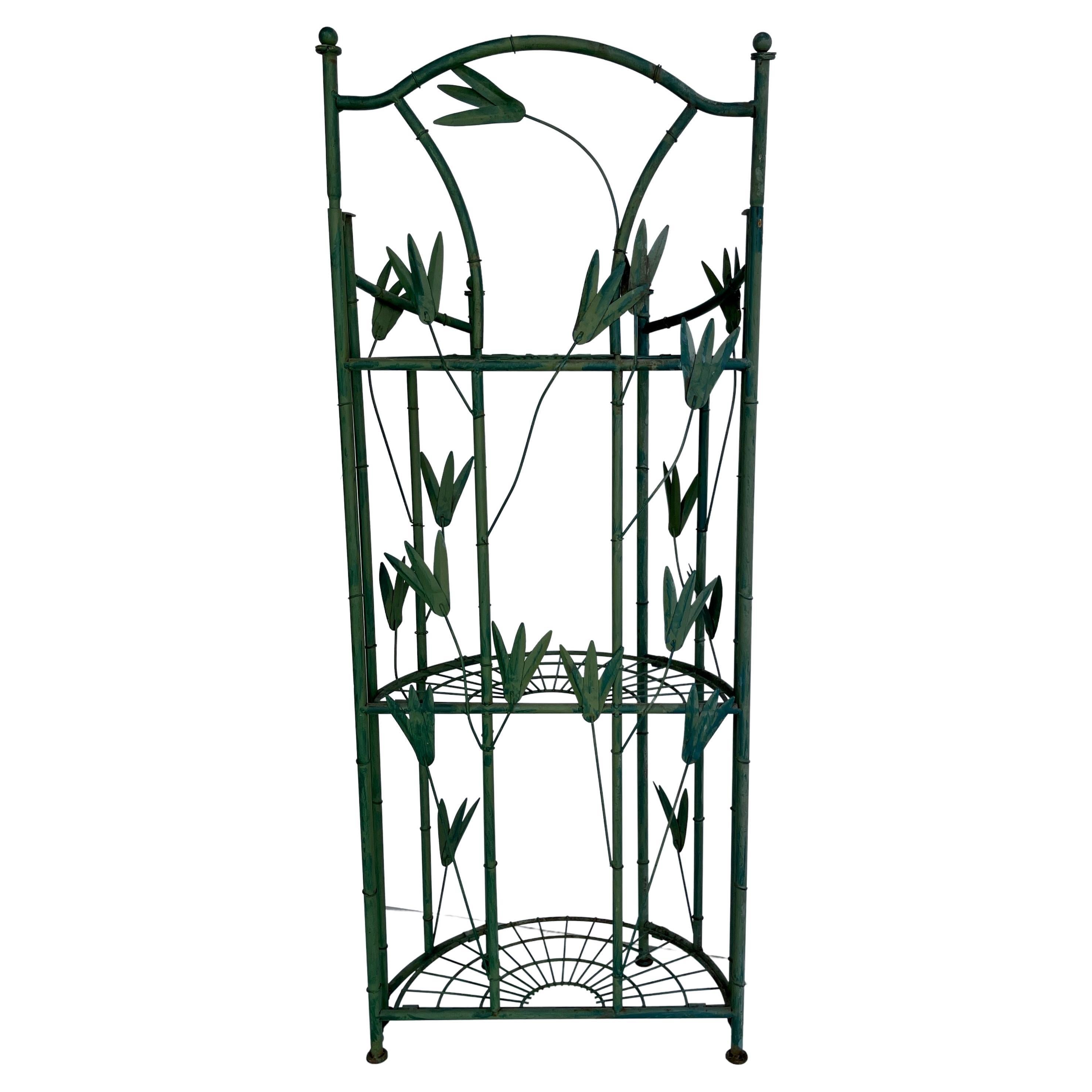 20th Century Green Painted Tole Faux Bamboo Demilune Three Tier Shelf For Sale