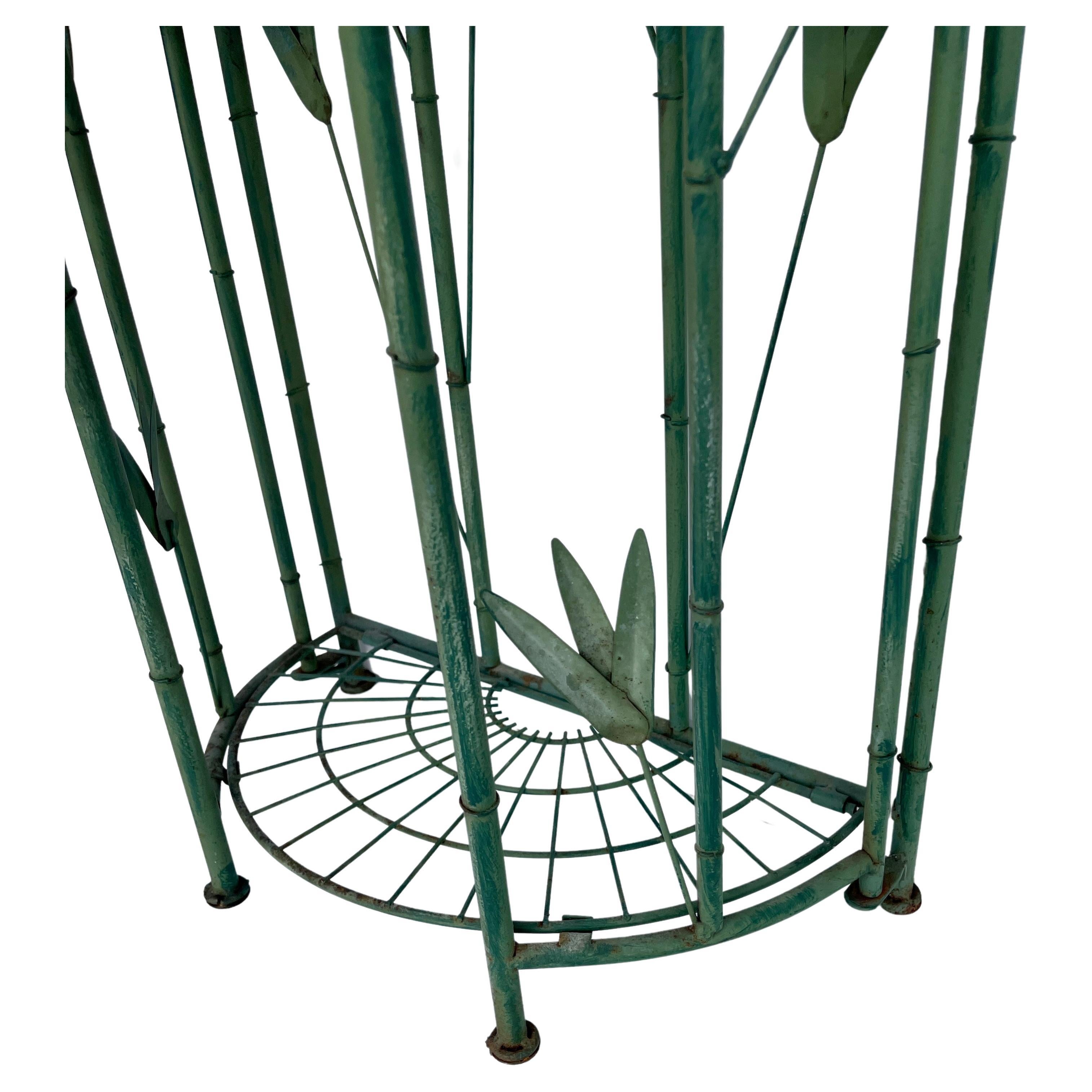 Metal Green Painted Tole Faux Bamboo Demilune Three Tier Shelf For Sale