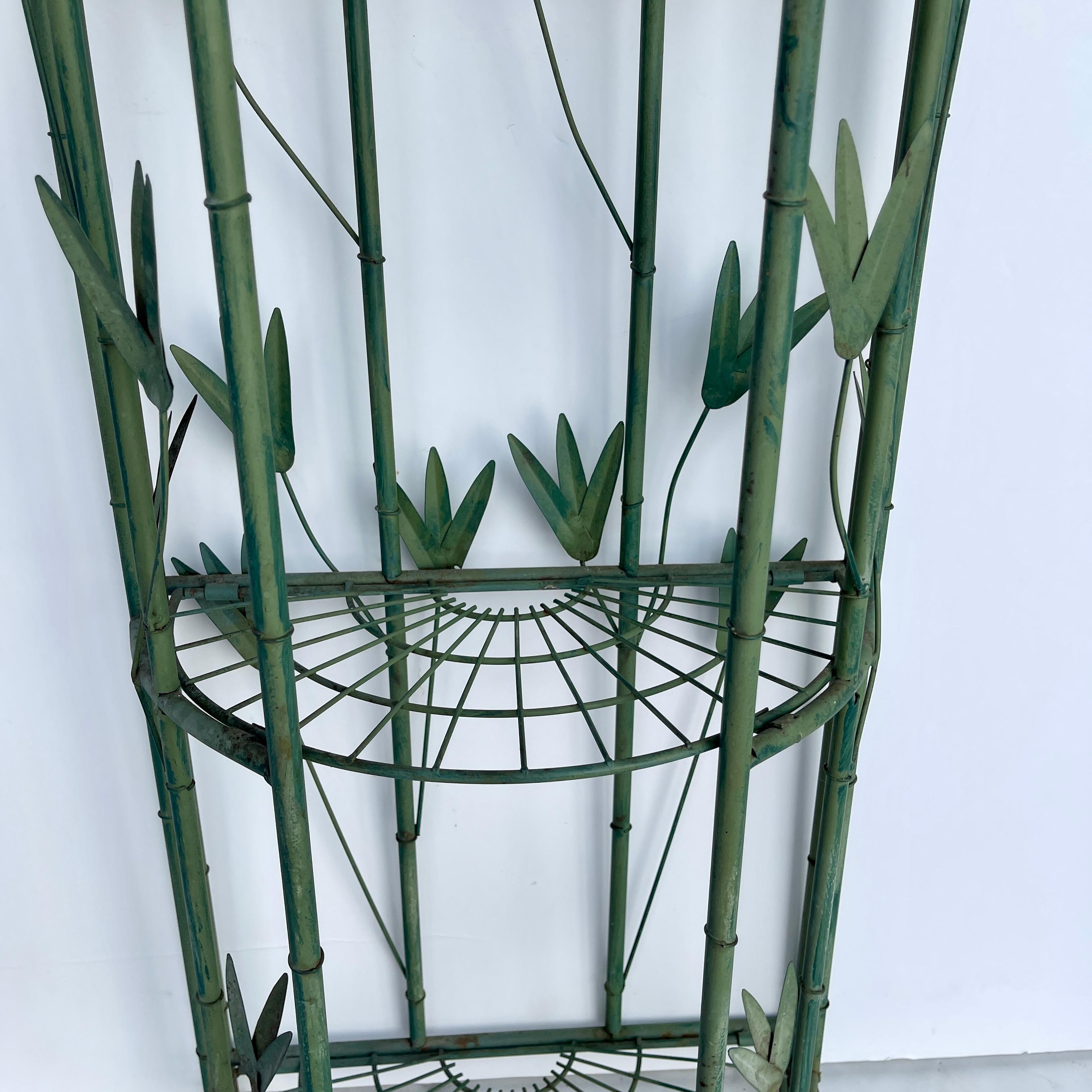 Green Painted Tole Faux Bamboo Demilune Three Tier Shelf For Sale 3