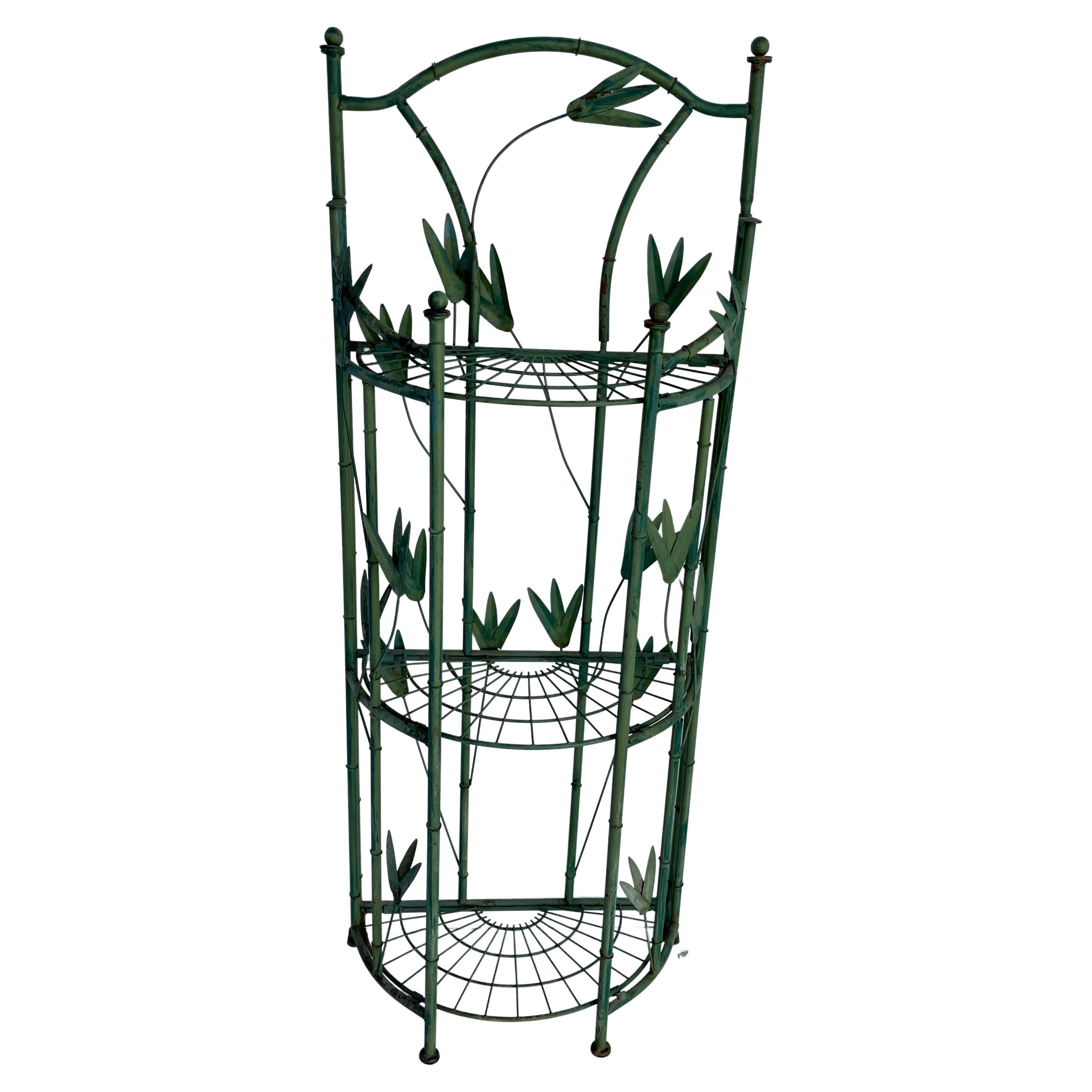 Green Painted Tole Faux Bamboo Demilune Three Tier Shelf