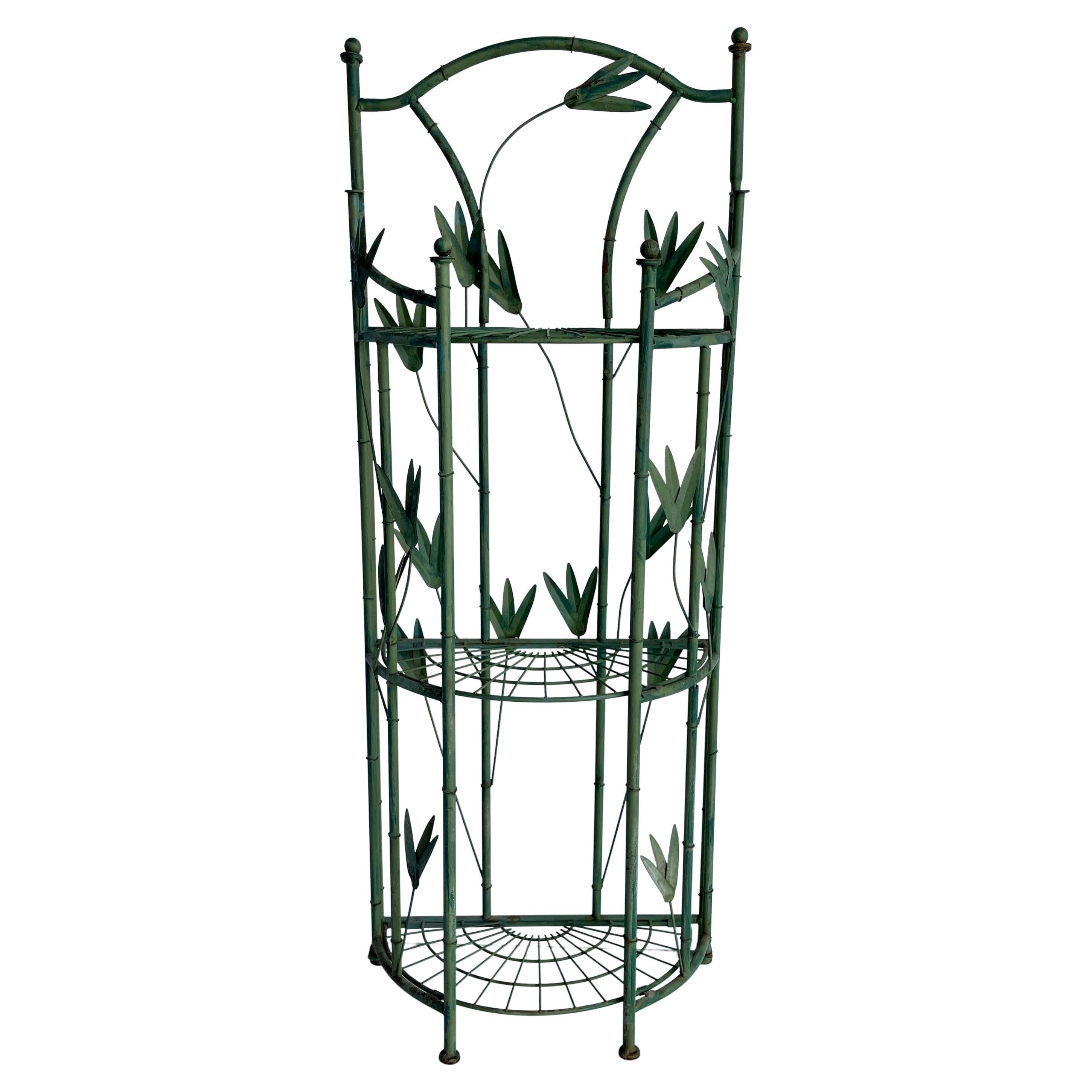 Green Painted Tole Faux Bamboo Demilune Three Tier Shelf For Sale