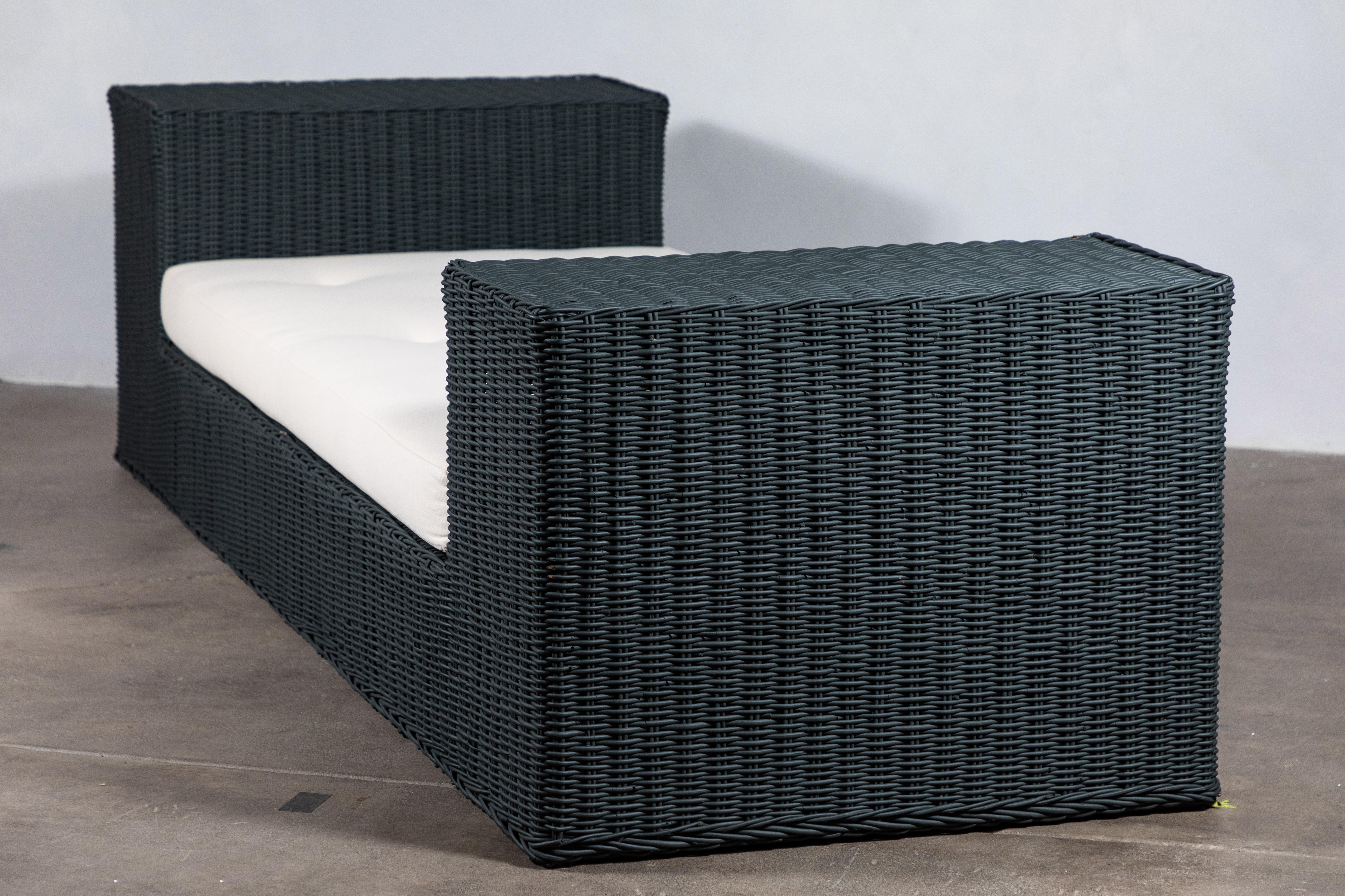 Late 20th Century Green Painted Wicker Daybed with Tufted Hemp linen Cushion