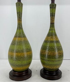 Green Pair of Mid-Century Striped Ceramic Lamps, circa 1960's