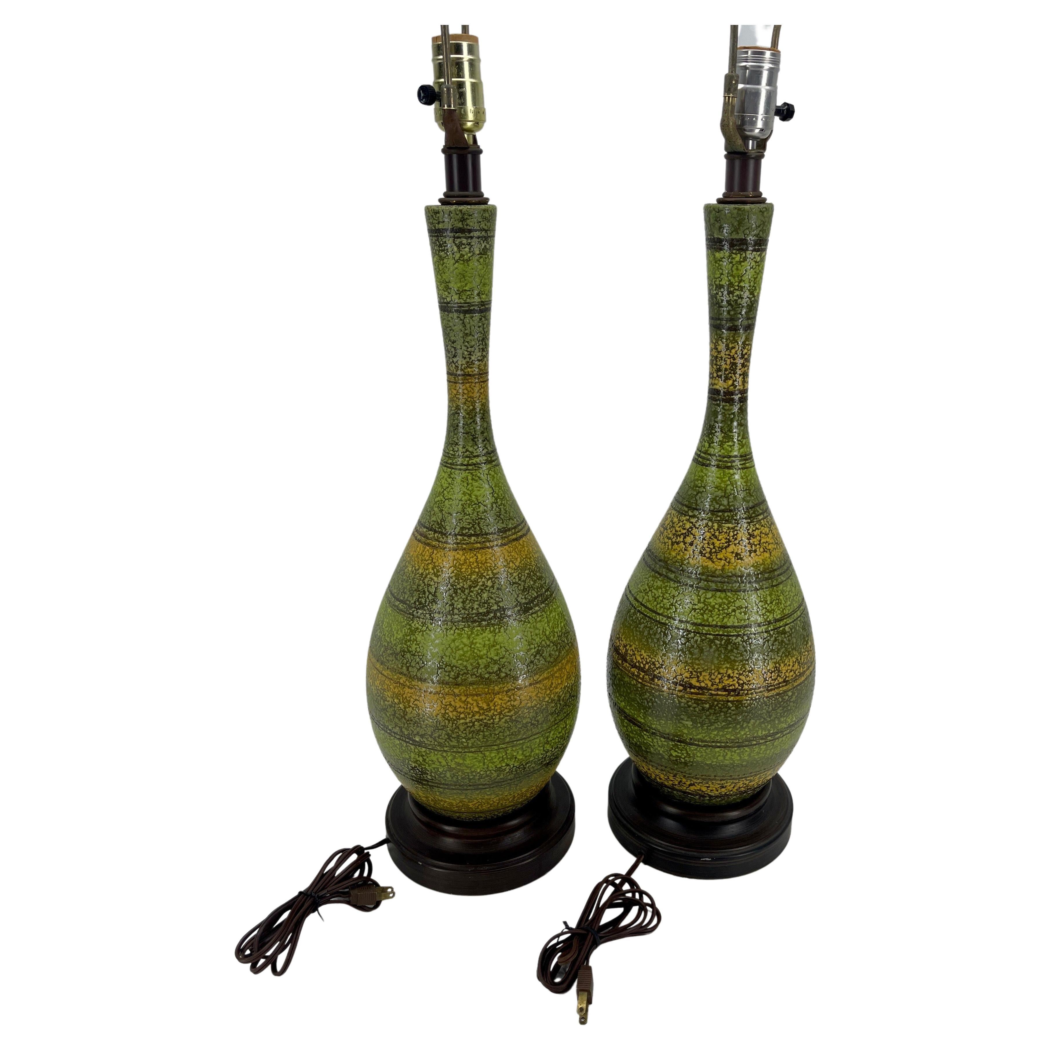 American Green Pair of Mid-Century Striped Ceramic Lamps, circa 1960's For Sale