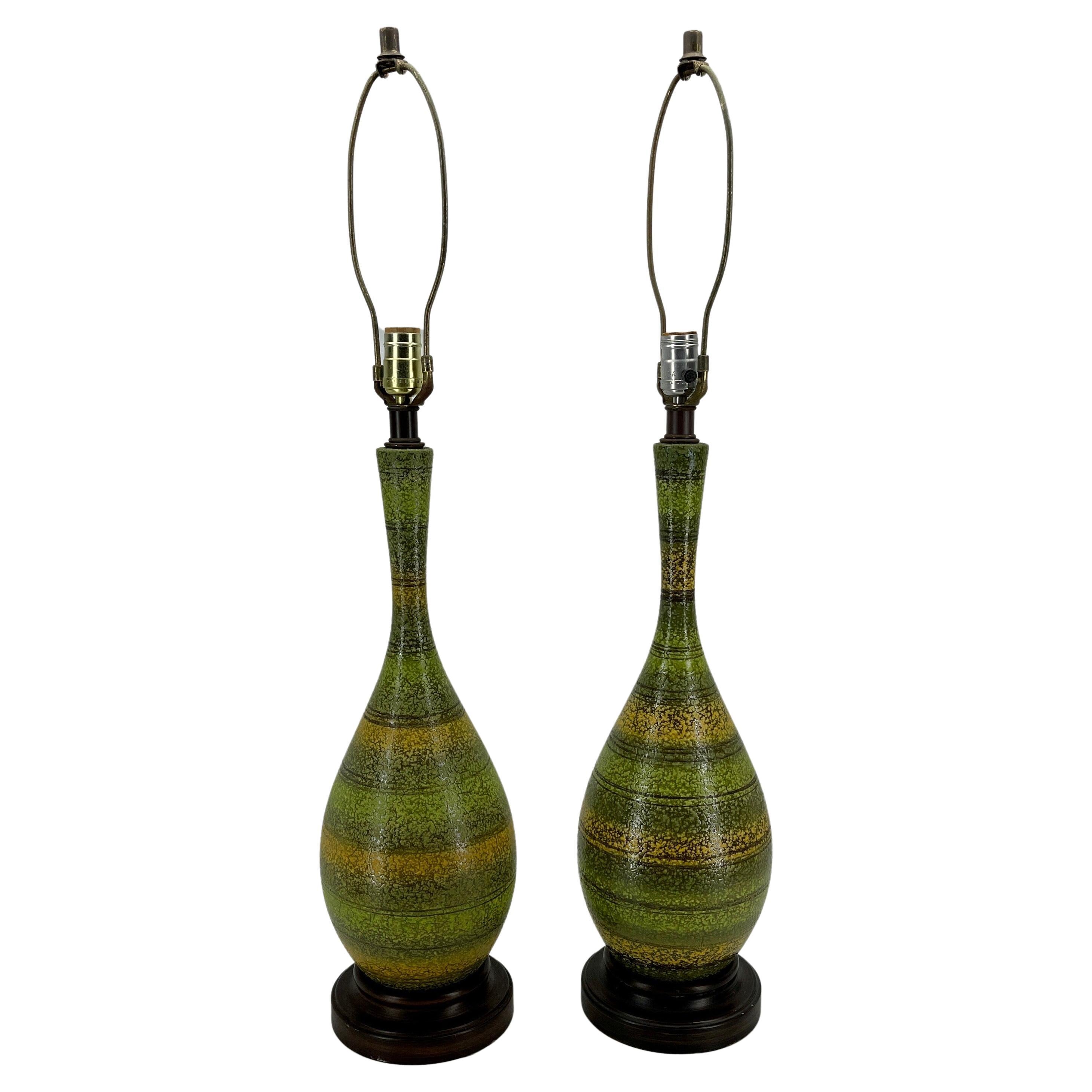 Green Pair of Mid-Century Striped Ceramic Lamps, circa 1960's For Sale