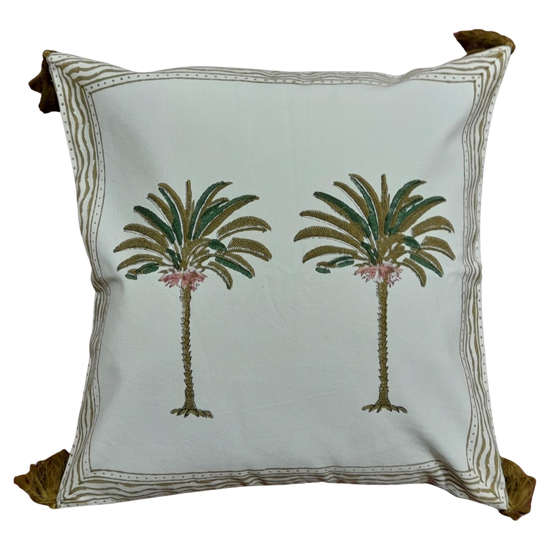 Green Palm Tree Blockprinted pillow  For Sale