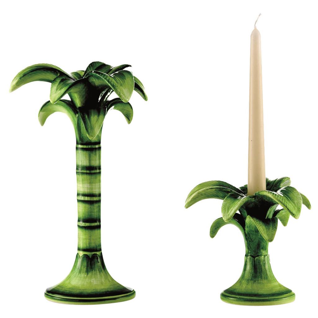 Green Palm Trees Candlesticks Hand Painted Made in Italy Set of 2