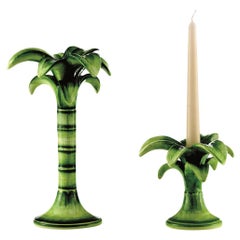 Green Palm Trees Candlesticks Hand Painted Made in Italy Set of 2