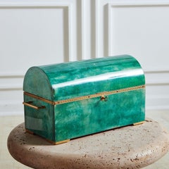 Green Parchment + Brass Box with Velvet Interior, Italy 20th Century