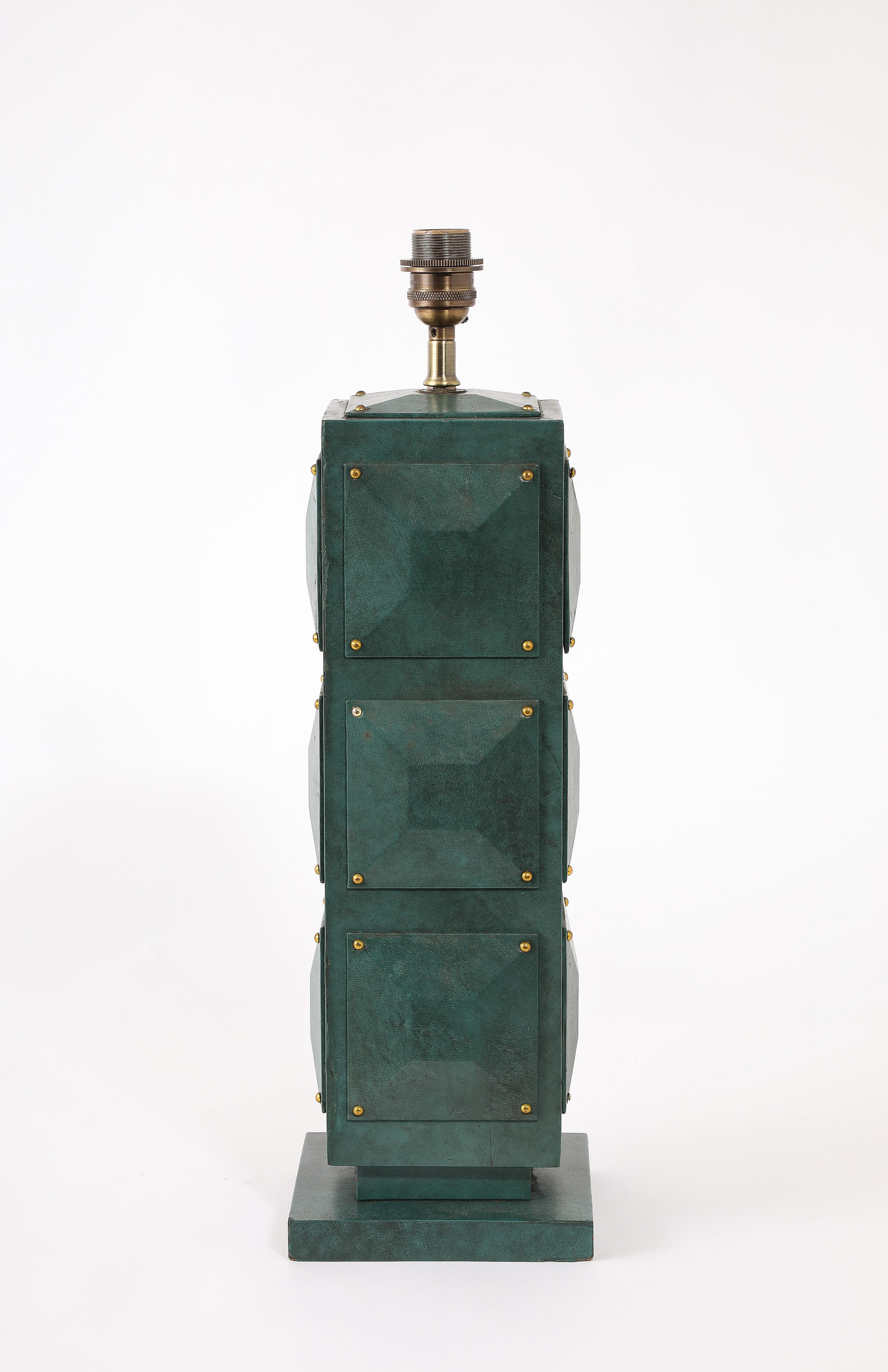Brass Green Parchment Lamp, France 1950's For Sale