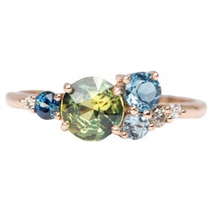 Green Parti Sapphire Cluster Ring 14K Rose Gold Diamond Topaz Tourmaline R6296