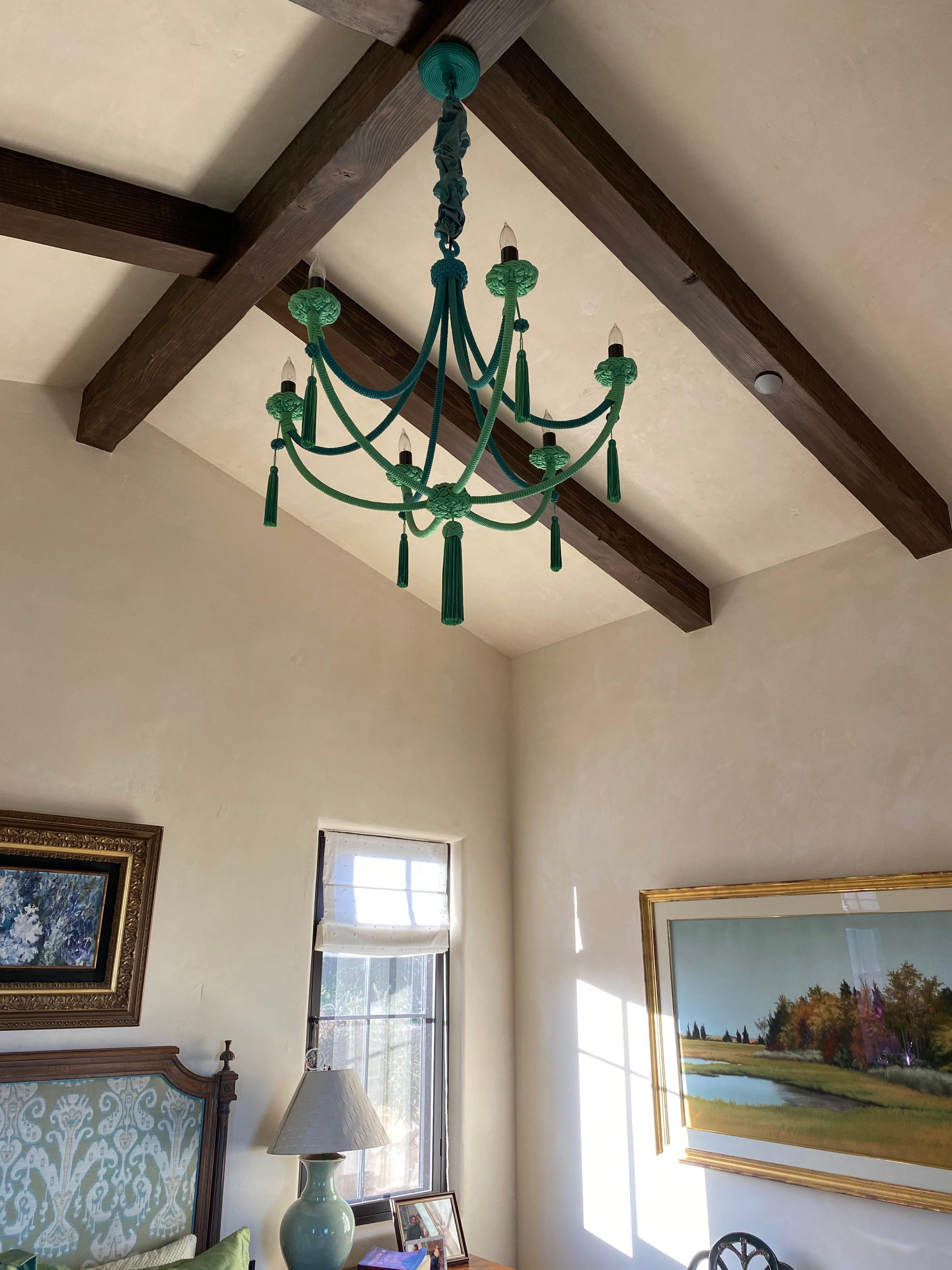 French Green Passementerie Wrapped Chandelier, Silk Cords For Sale