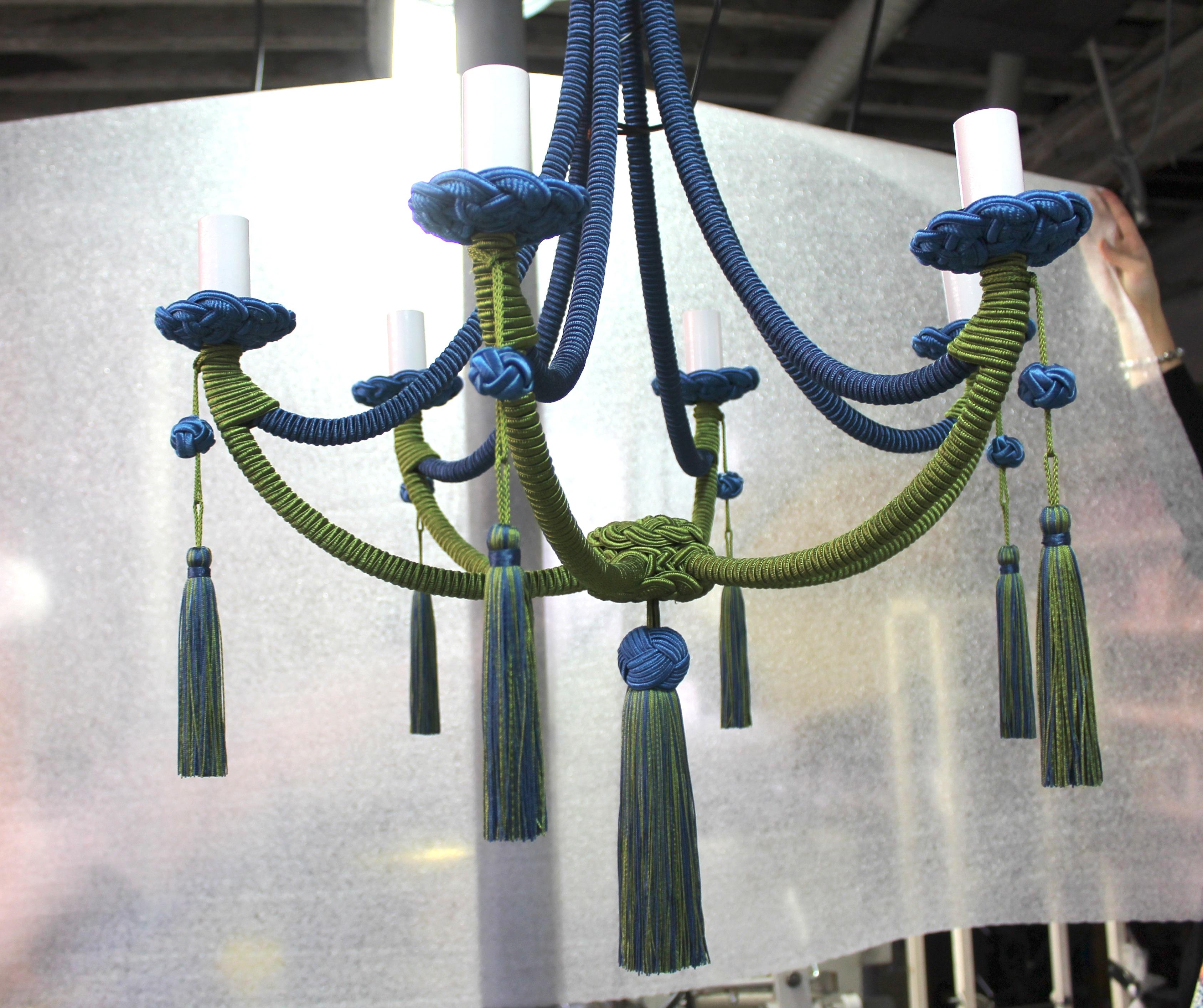 Contemporary Green Passementerie Wrapped Chandelier, Silk Cords For Sale