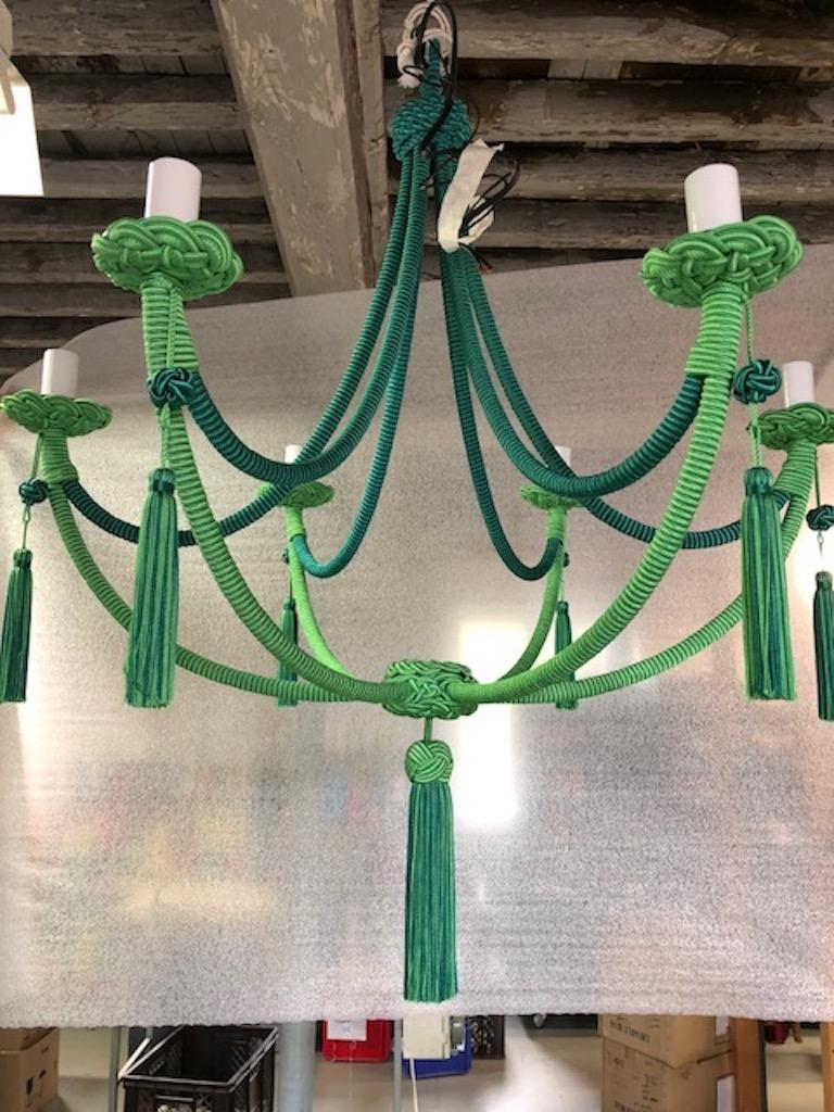 Green Passementerie Wrapped Chandelier, Silk Cords For Sale 3