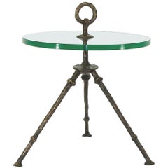 Green Patina Bronze Tripod Cocktail Table with Glass Top, Giacometti Style