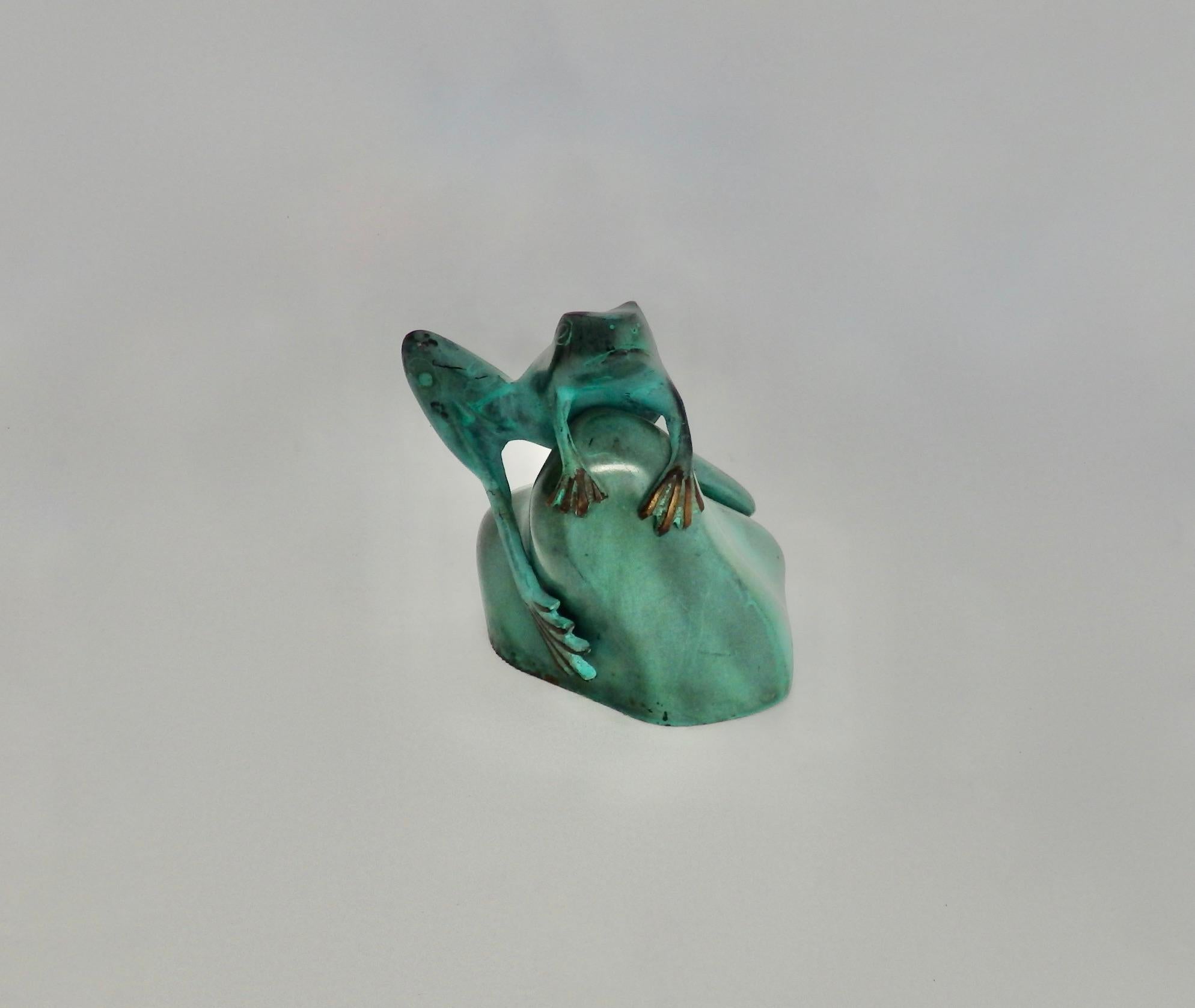Green Patina'd bronze metal frog statue, style of Marshall Fredericks.